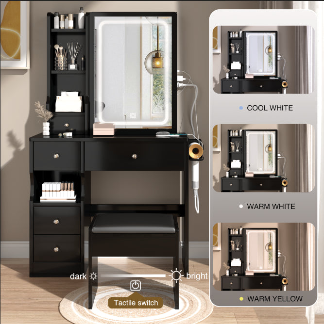 HAOYYE Compact Vanity Table With Left Drawer, Cushioned Stool, Built-In Power Station With 2 AC & 2 USB Ports, Hair Dryer Bracket, Touch-Control Sliding LED Mirror With Adjustable Brightness And Tri-Color Lighting