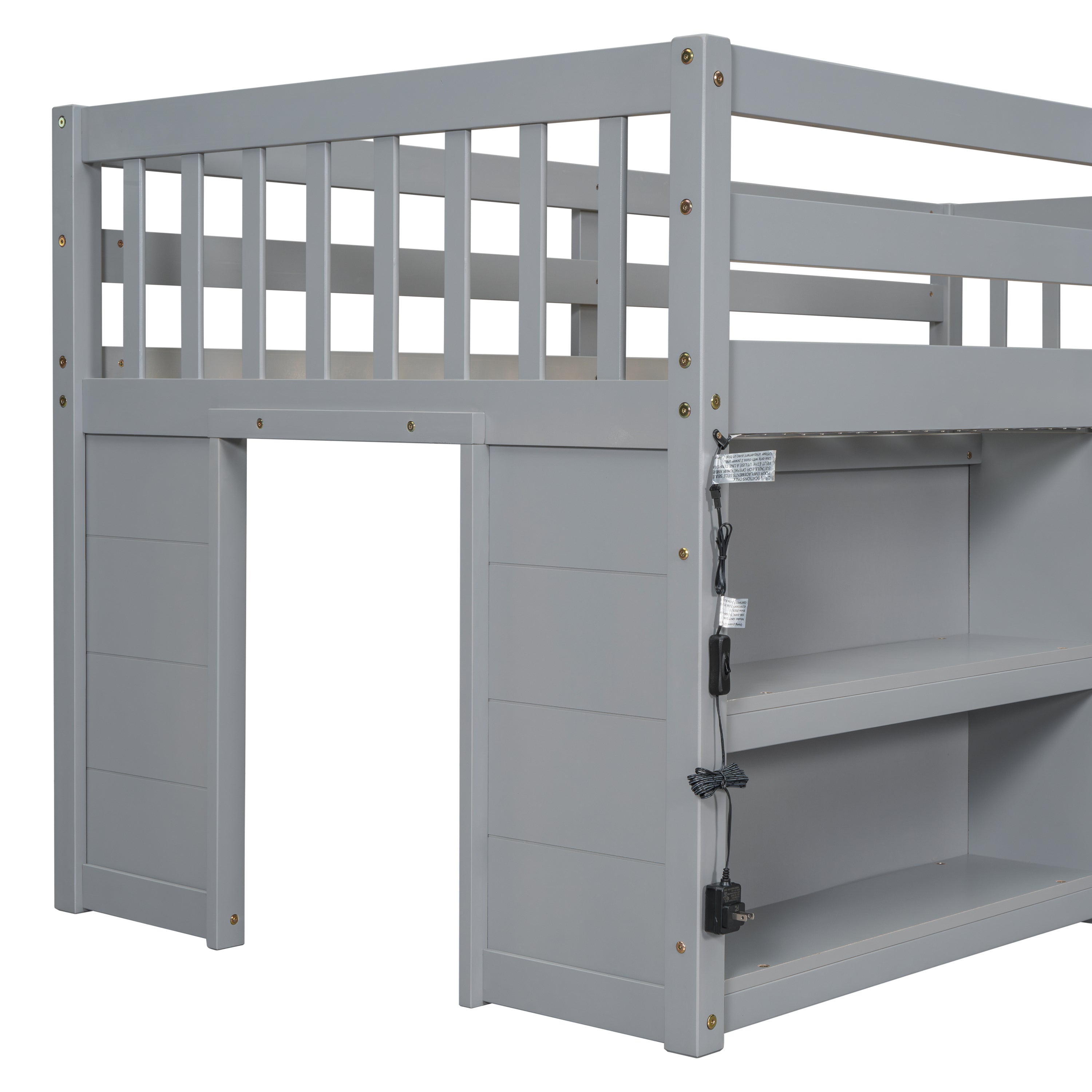HAOYYE Twin Size Kid Low Loft Bed With Two-Tier Shelves And LED Light For Grey Color Sturdy Space-Saving Heavy Duty Modern Design Adults Dorm Room Easy Assembly Bedroom Furniture