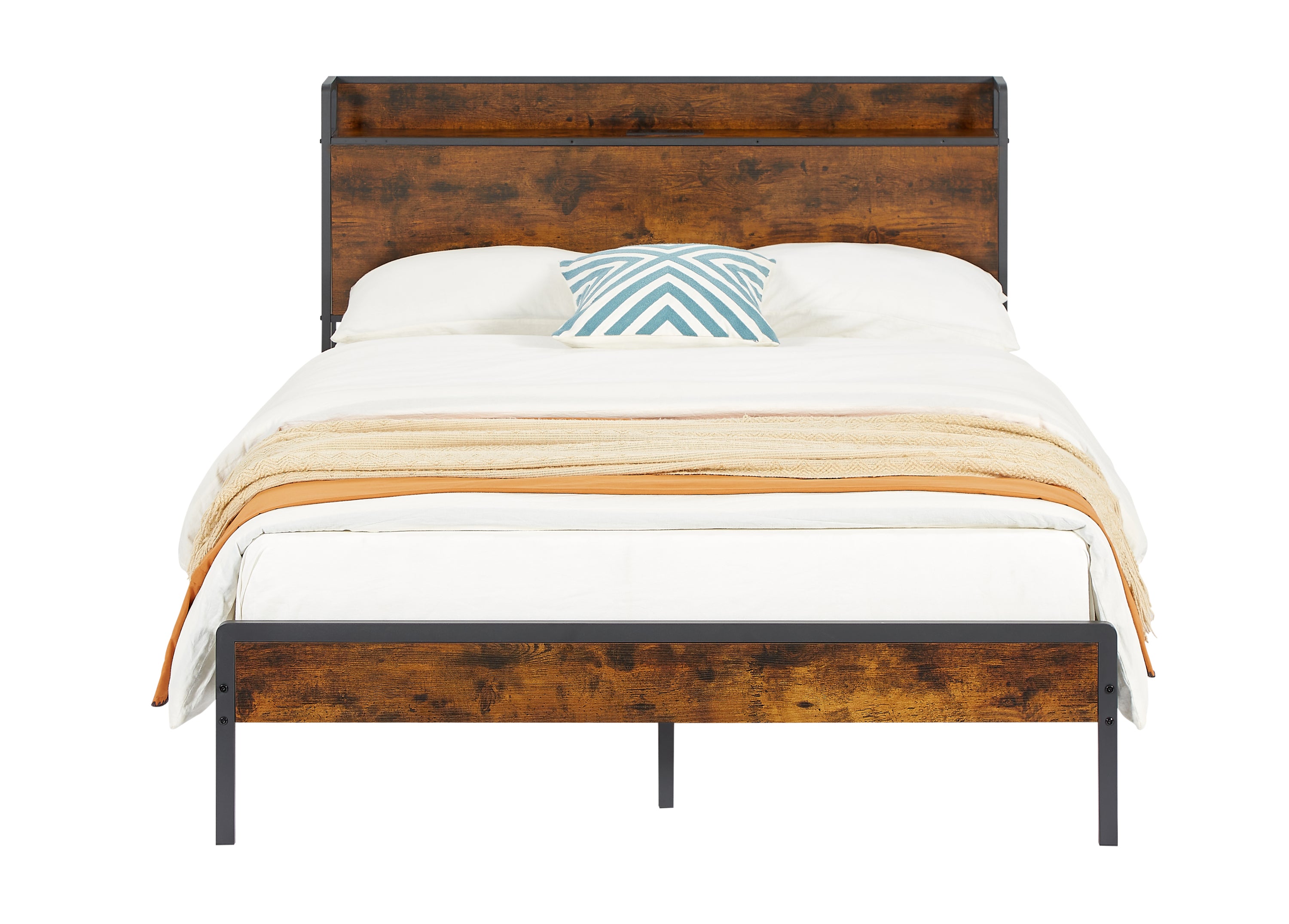 HAOYYE Bed frame with charging station full size, Rustic Brown, 83.1'' L x 56.1'' W x 39'' H Sturdy Space-Saving Heavy Duty Modern Design Adults Dorm Room Easy Assembly Bedroom Furniture
