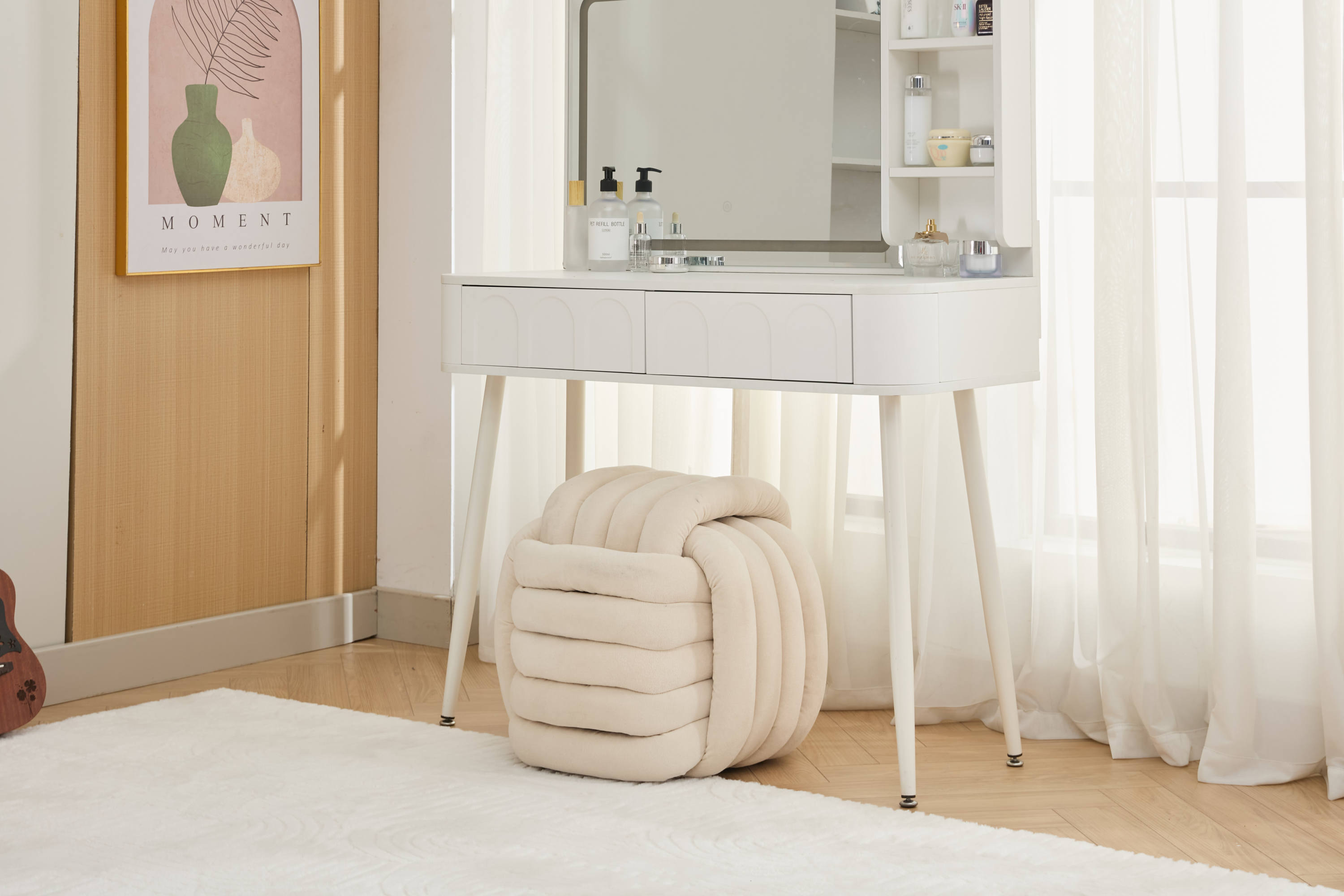 Haoyye Chenille Fabric Knot Design Ottoman Footstool Makeup Stool, Comfortable and Stylish Seat, Modern Upholstered Chair for Living Room or Bedroom, Beige, Sturdy and Space-Saving Furniture