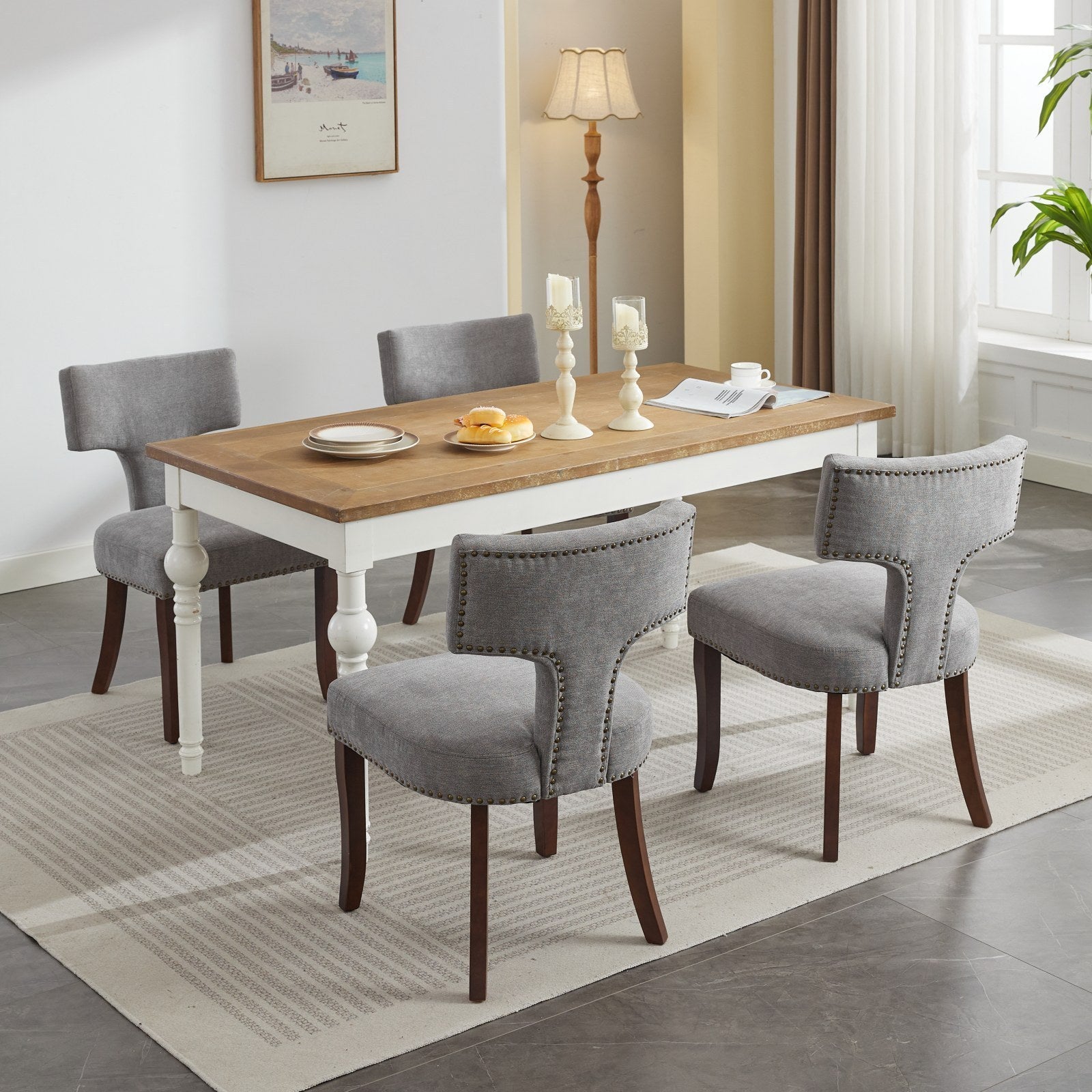 HAOYYE Mid Century Modern Dining Chairs Set of 2, Farmhouse Linen Fabric Upholstered Accent Chair Curved Backrest with Copper Nails around,Kitchen Chairs with Hardwood Frame, Gray Sturdy Space-Saving Durable