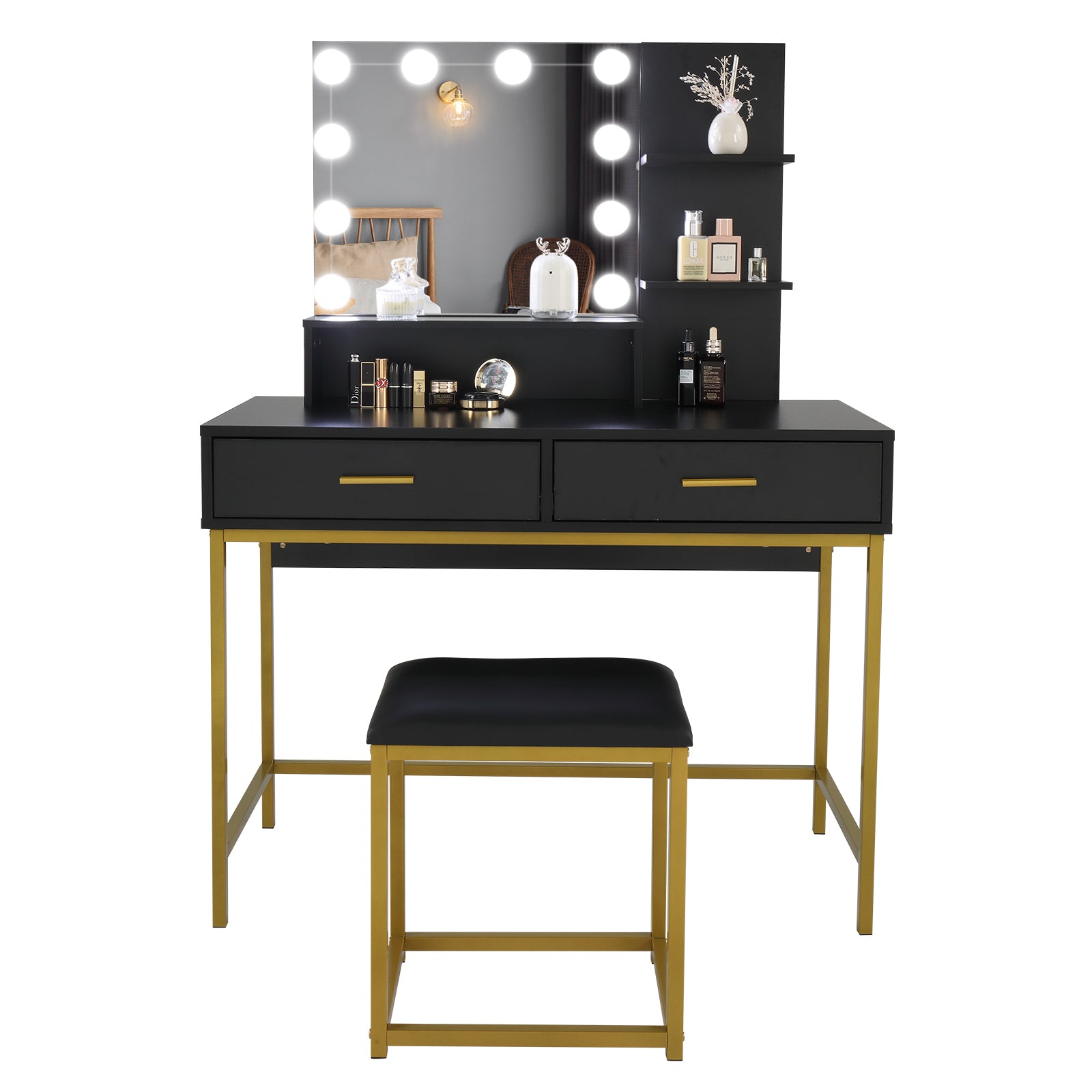 HAOYYE Large Vanity Set with 10 LED Bulbs, Makeup Table with Cushioned Stool, Multiple Storage Shelves and Drawers, Stylish Dressing Table Desk for Bedroom, Modern Black Design for Convenient Makeup and Organization