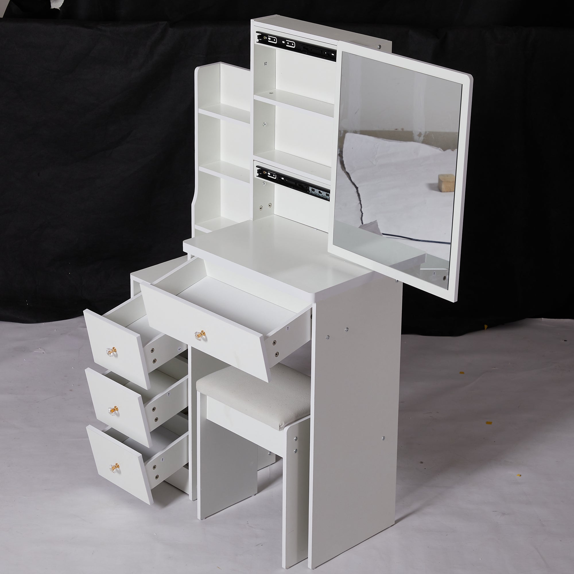 HAOYYE Compact Left-Side Bedside Vanity Table With Sliding Mirror, Cushioned Stool, Multi-Layer High-Capacity Storage, Modern Dresser for Small Spaces, EPA, GCC, UL Certified