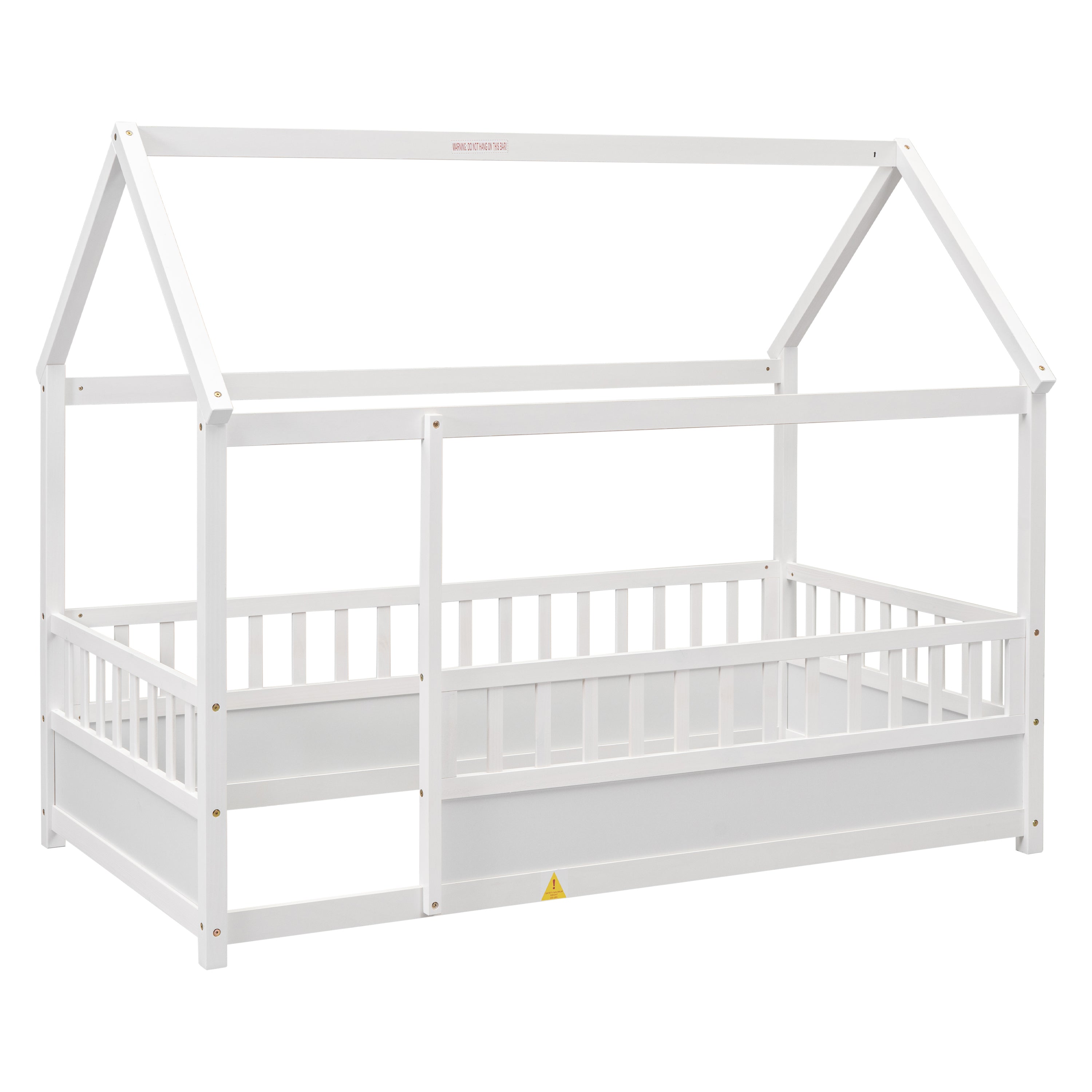HAOYYE Twin Size Floor Wooden Bed with House Roof Frame, Fence Guardrails,White Sturdy Space-Saving Heavy Duty Modern Design Adults Dorm Room Easy Assembly Bedroom Furniture
