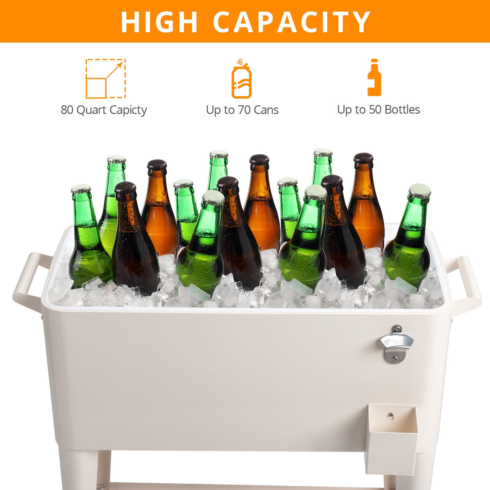 HAOYYE Milk White Rolling Cooler Cart Outdoor Beverage Tub with Bottle Opener Cap Catcher Insulated Ice Chest on Wheels Locking Casters for Patio Pool Party BBQ Camping