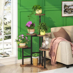 HAOYYE Multi-Tier Plant Stand Indoor Outdoor Metal Flower Shelf with 6 Round Wood Grain Display Trays Modern Corner Planter Holder Rack for Living Room Balcony Garden Patio Decor