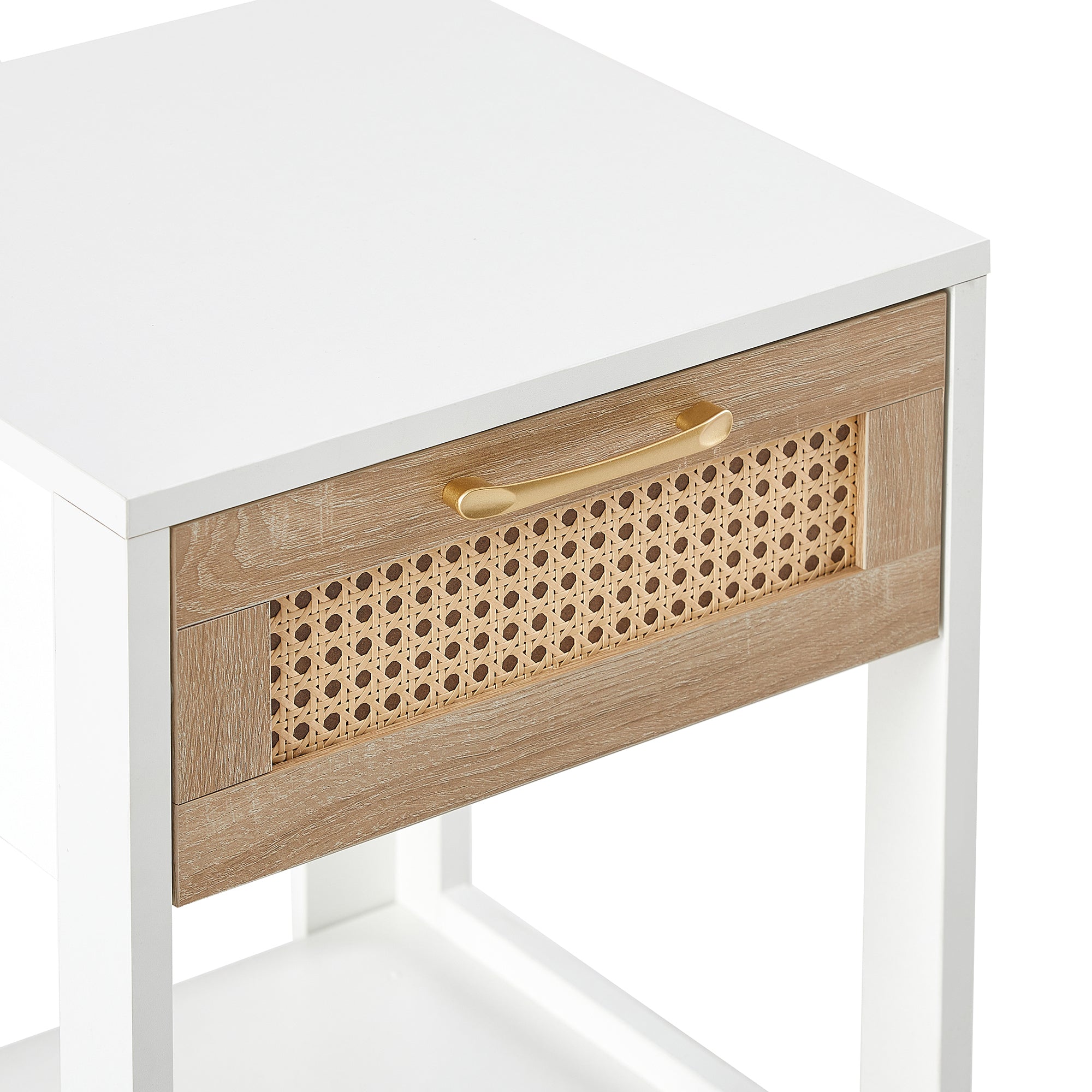 HAOYYE Rattan Side Table with Drawer, Modern White End Table, Sturdy Space-Saving Design, Heavy Duty Construction, Easy Assembly, Stylish and Durable Home Furniture for Living Room or Bedroom