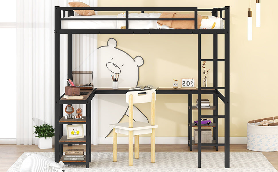 HAOYYE Full Metal Loft Bed with Desk and Shelves, Loft Bed with Ladder and Guardrails, Loft Bed Frame for Bedroom, Black with Vintage wood-colored desk Sturdy Space-Saving Heavy Duty