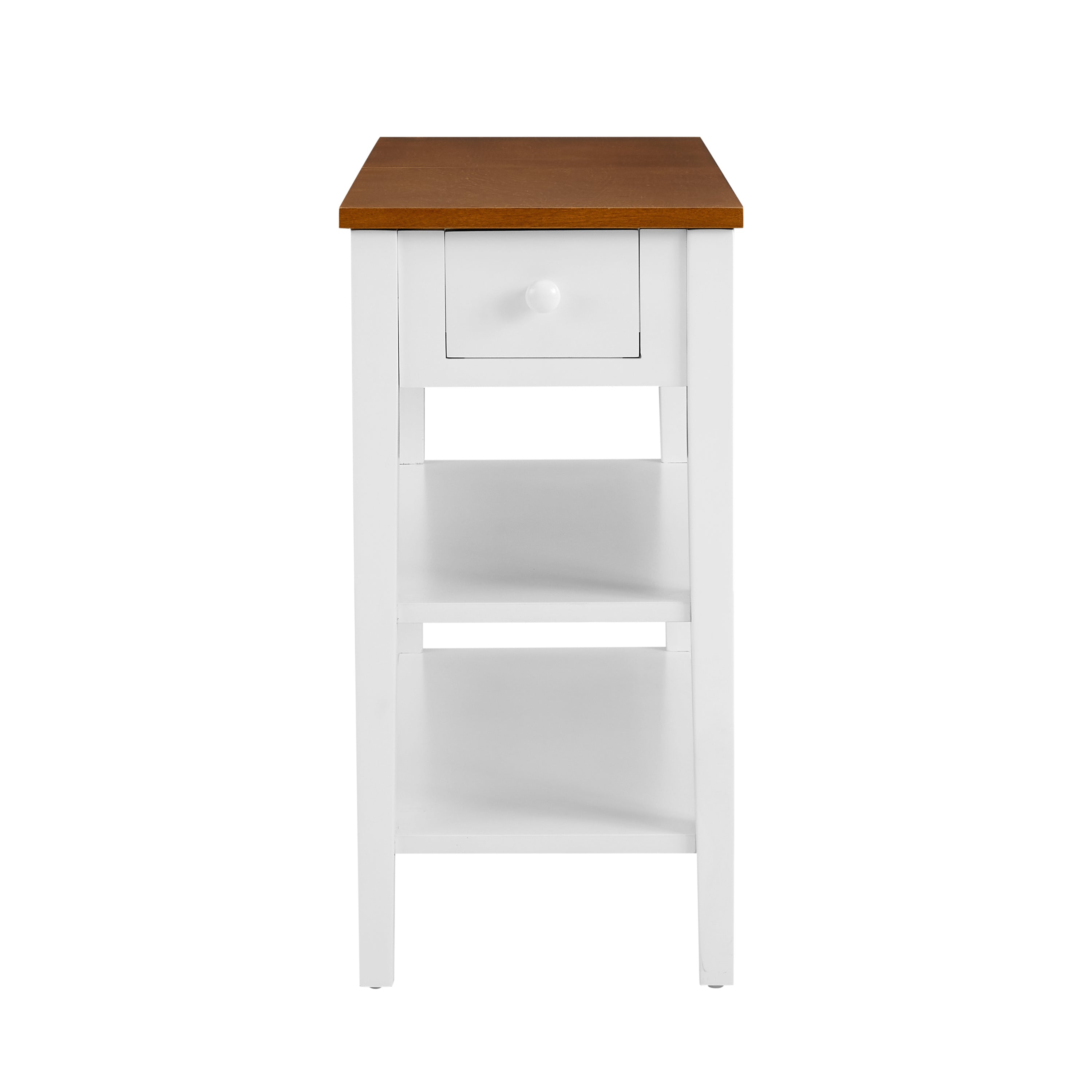 HAOYYE Narrow 2-tone End Table with USB Charging Ports for Small Space, SOLID WOOD Table Legs, White and Walnut, 11.8"W*24"D*24.2"H Sturdy Space-Saving Heavy Duty Modern Design Adults Dorm Room