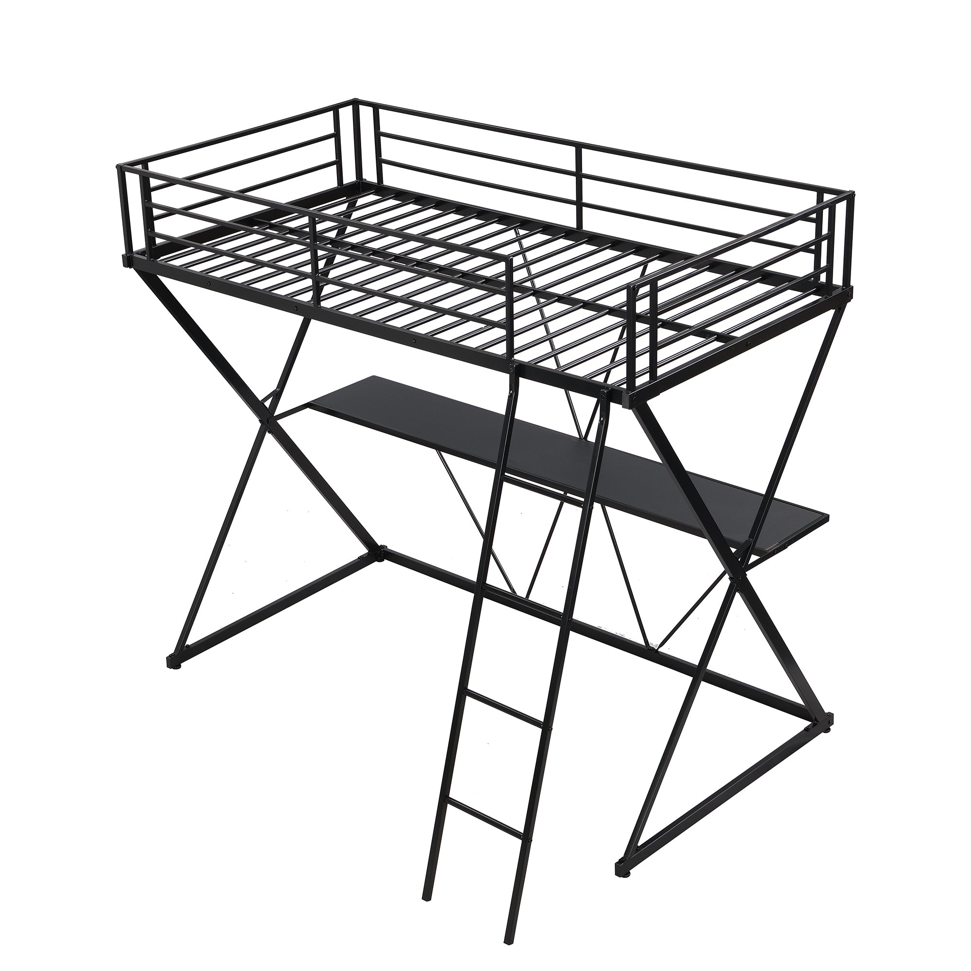 HAOYYE Twin Size Loft Bed with Desk, Ladder and Full-Length Guardrails, X-Shaped Frame, Black(Old SKU: MF297073AAB) Sturdy Space-Saving Heavy Duty Modern Design Adults Dorm Room Easy Assembly