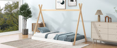HAOYYE Twin Size Tent Floor Bed with Triangle Structure, White+Natural Sturdy Space-Saving Heavy Duty Modern Design Adults Dorm Room Easy Assembly Bedroom Furniture