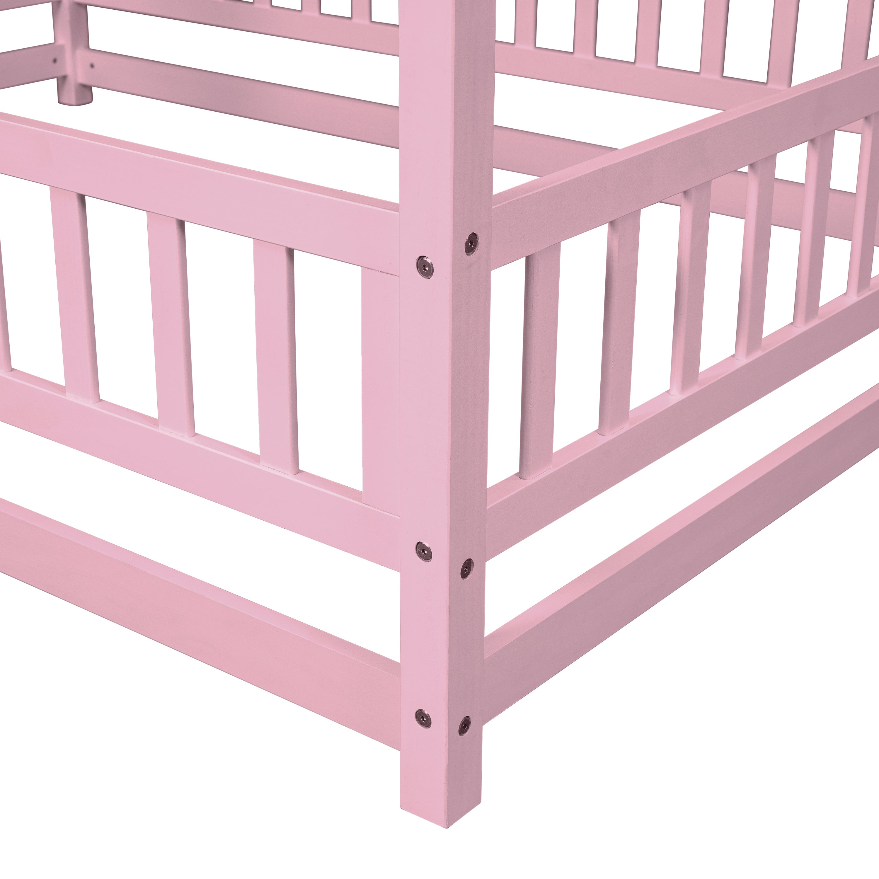 HAOYYE Full Size Floor Wooden Bed with House Roof Frame, Fence Guardrails ,Pink Sturdy Space-Saving Heavy Duty Modern Design Easy Assembly Durable Stylish Home Furniture Versatile