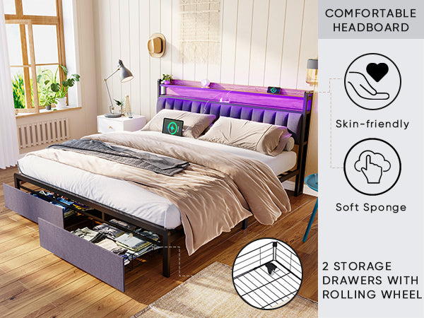 HAOYYE King Bed Frame with Storage Headboard, Drawers, LED Lighting, and Built-in Charging Station, Modern Upholstered Platform Design, Sturdy Space-Saving Grey Construction, No Box Spring Needed, Easy Assembly