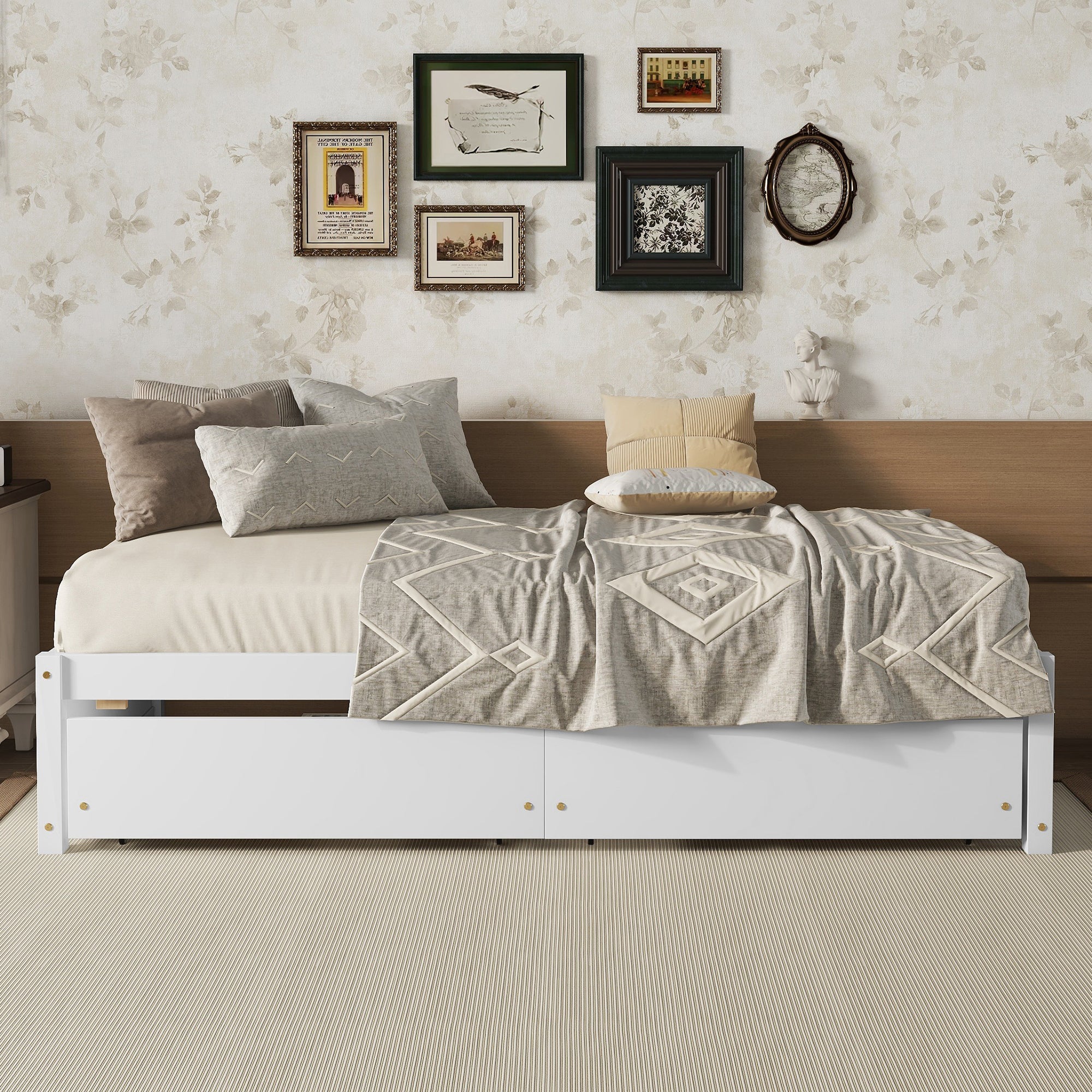 HAOYYE Solid Wood Twin Bed Frame With 2 Storage Drawers, No Box Spring Needed, Space-Saving Heavy Duty Design For Bedroom Or Dorm Room, Sturdy And Easy To Assemble