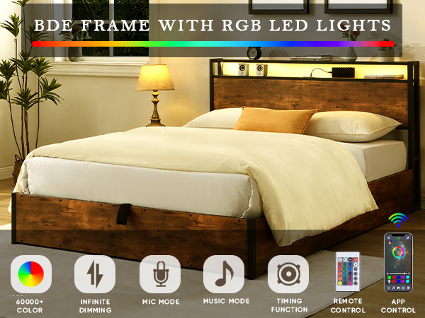 HAOYYE Lift-up Storage Bed Frame, Queen Size Bed Frame with Bookcase Headboard & LED Lights, Wooden Platform Bed Frame with Charging Station, No Spring Box Needed, Rustic Brown Sturdy Space-Saving Heavy Duty