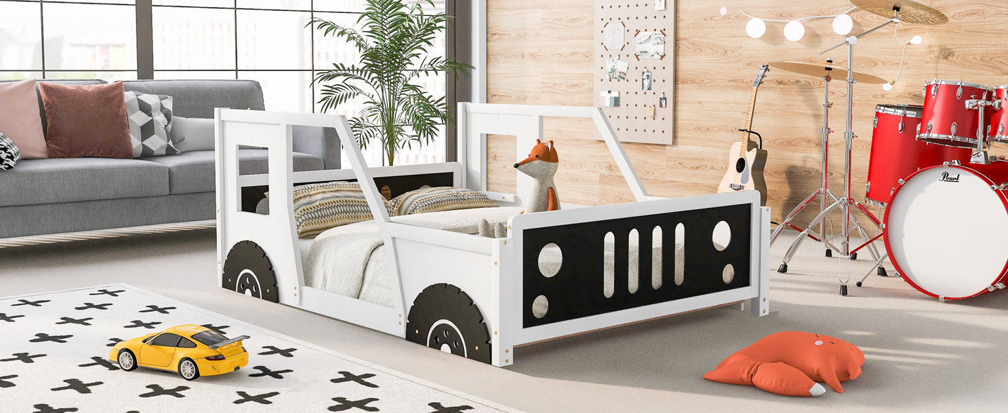 HAOYYE Full Size Classic Car-Shaped Platform Bed with Wheels,White Sturdy Space-Saving Heavy Duty Modern Design Adults Dorm Room Easy Assembly Bedroom Furniture