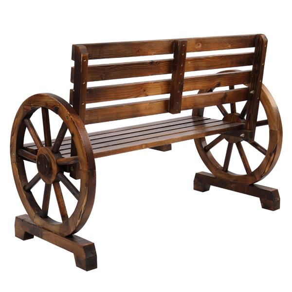 HAOYYE Rustic 2-Person Wooden Wagon Wheel Bench with Slatted Seat and Backrest, Durable Outdoor Bench for Patio, Garden, or Backyard, Comfortable and Stylish, Perfect for Relaxing and Enjoying the Outdoors