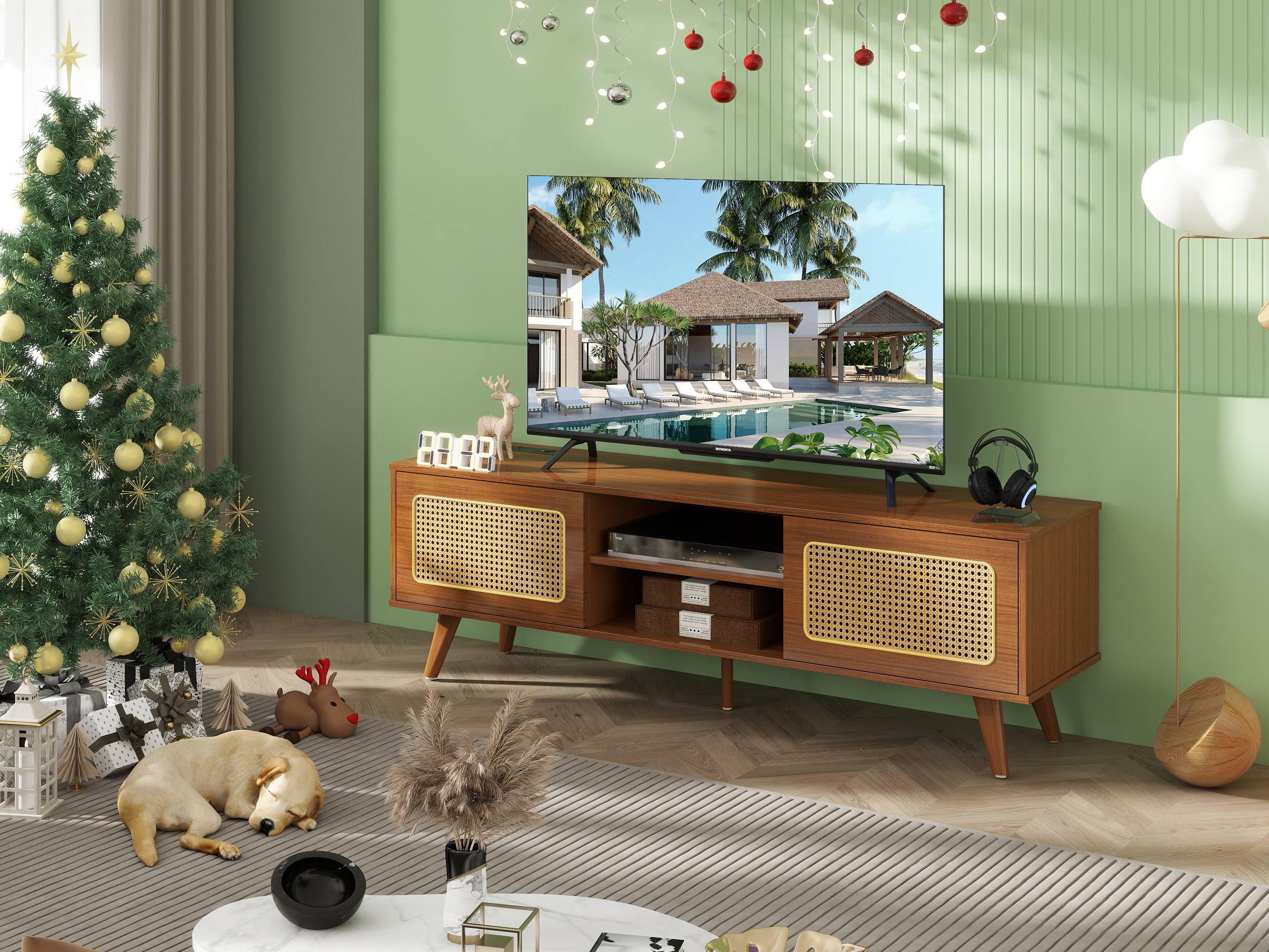 HAOYYE Mid Century Modern Rattan TV Stand for 55/60/65 inch TV , Entertainment Cabinet, Media Console for Living Room Bedroom Media Room, Solid Wood Feet & Rattan Cabinet Doors (Walnut, 59") Sturdy
