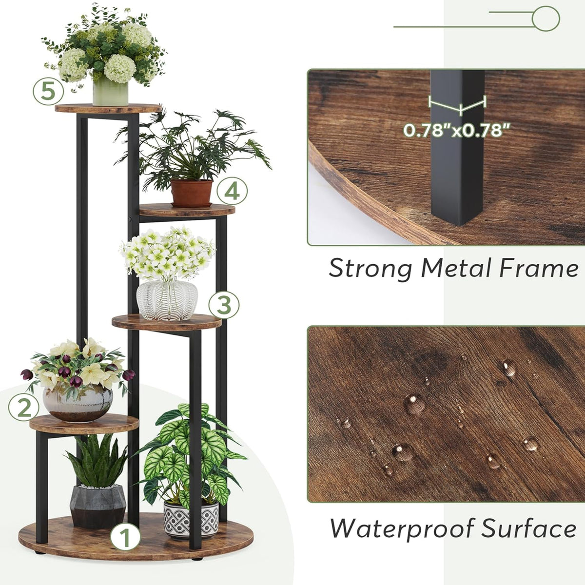 HAOYYE 5-Tier Corner Plant Stand with Wood and Metal Frame, Rustic Brown Finish, Space-Saving Freestanding Flower Rack for Indoor and Outdoor Use, Perfect for Displaying Multiple Potted Plants in Garden, Balcony, or Patio