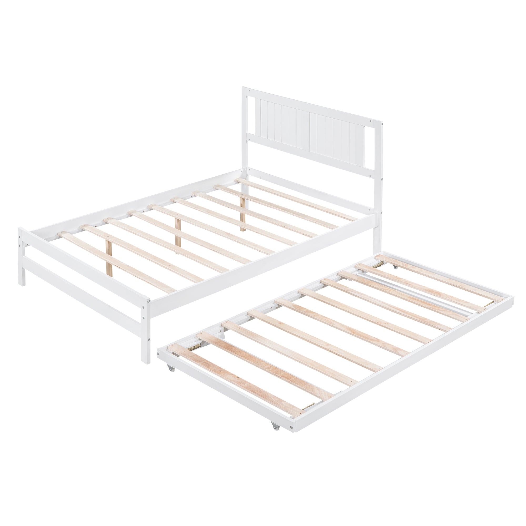 HAOYYE Full Size Platform Bed with Adjustable Trundle, White, Space-Saving Modern Design, Sturdy and Heavy-Duty Wood Frame, Ideal for Guest Room, Apartment, or Dorm, Easy Assembly Bedroom Furniture