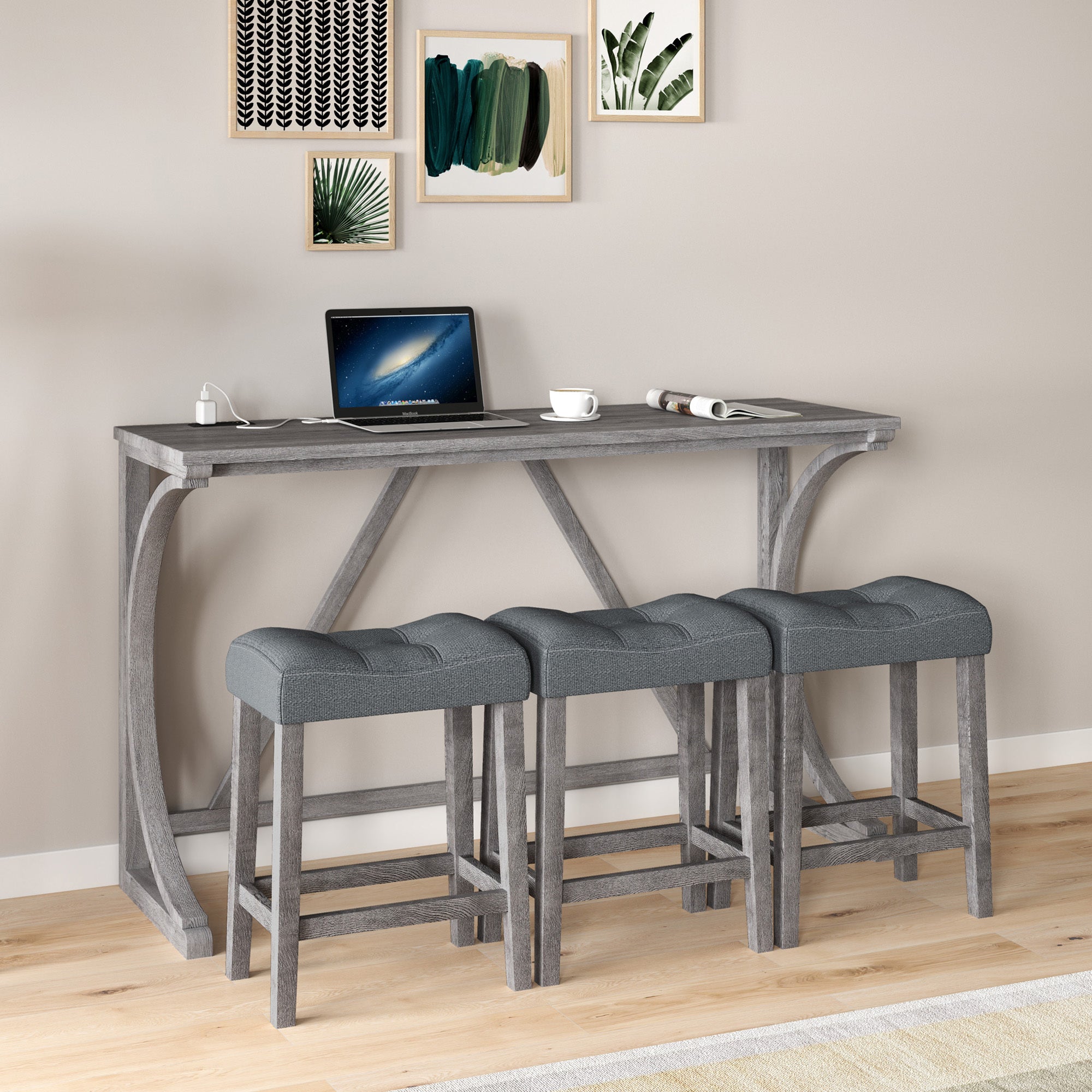 HAOYYE Bar Table Set with Power Outlet, Bar Table and Chairs Set, 4 Piece Dining Table Set, Industrial Breakfast Table Set, for Living Room, Dining Room, Game Room Sturdy Space-Saving Heavy Duty Adults