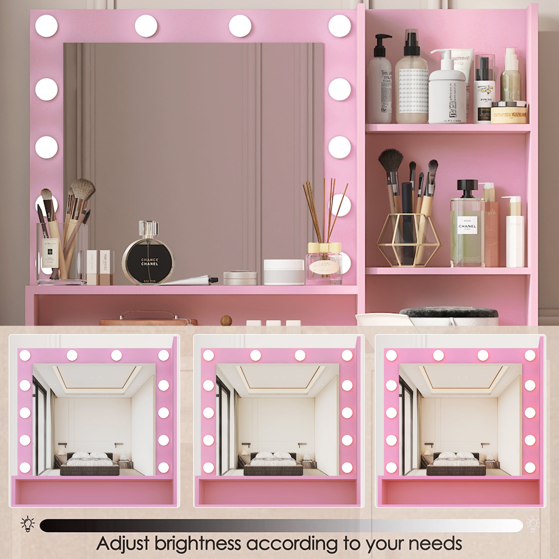 HAOYYE Vanity Desk with Mirror & Light, Large Drawer Three Level Storage Dresser, 3 Lighting Modes Adjustable Brightness, Bedroom Dressing Table(Pink) with modern design, luxury style, durable.