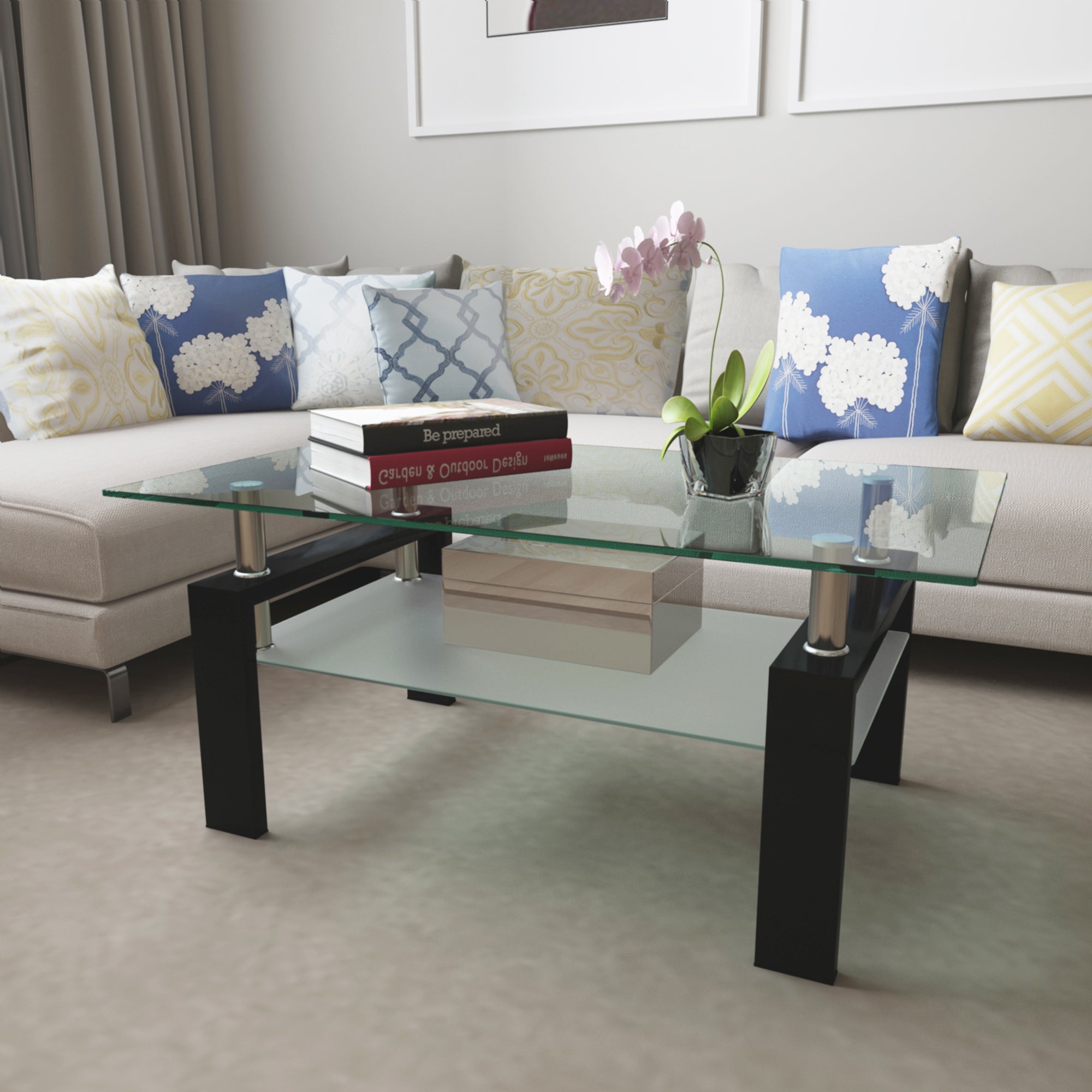 HAOYYE Rectangle Black Glass Coffee Table, Clear Glass Top Modern Side Center Table for Living Room, Stylish and Sturdy Furniture with Space-Saving Design, Heavy Duty, Ideal for Living Room or Dorm Room