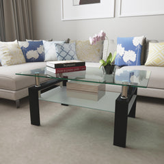 HAOYYE Rectangle Black Glass Coffee Table, Clear Glass Top Modern Side Center Table for Living Room, Stylish and Sturdy Furniture with Space-Saving Design, Heavy Duty, Ideal for Living Room or Dorm Room