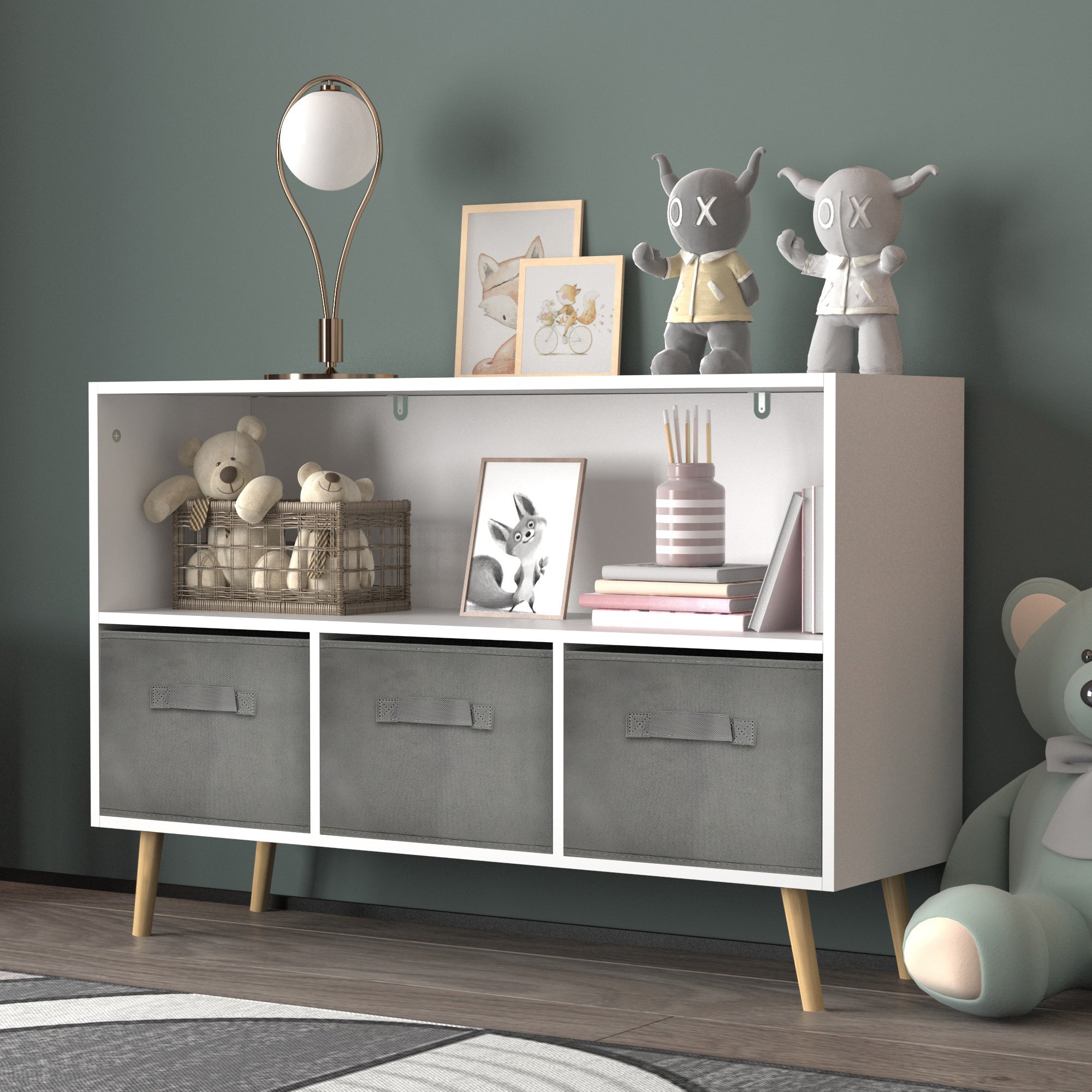 HAOYYE Bookcase with Collapsible Fabric Drawers, Book Display and Toy Storage Cabinet Organizer, White/Gray, Sturdy Space-Saving Design, Heavy Duty Construction, Easy Assembly, Durable and Stylish Home Furniture