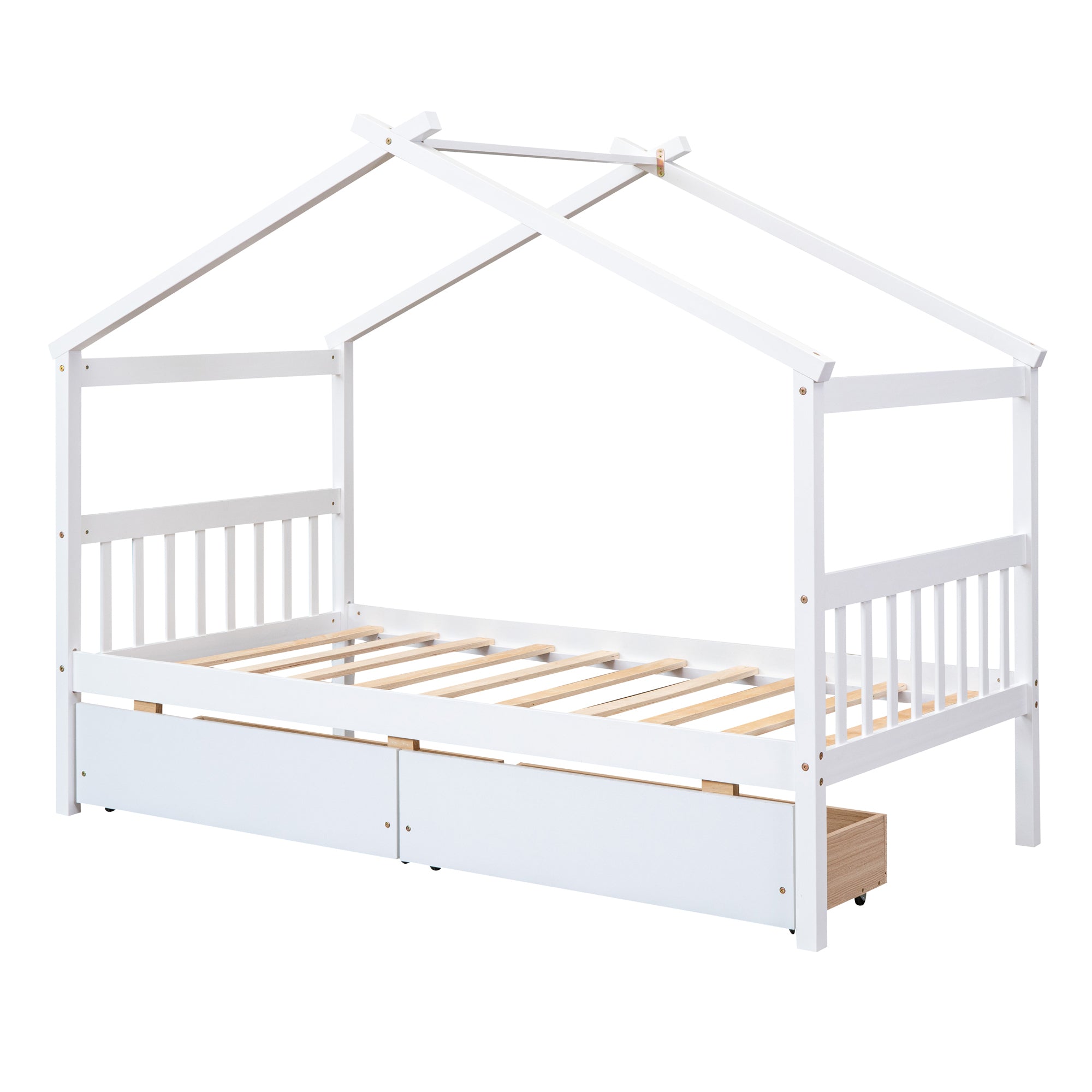 HAOYYE Twin Size Wooden House Bed Frame With Drawers, White, Space-Saving Heavy Duty Modern Design For Adults And Dorm Rooms, Easy Assembly Bedroom Furniture