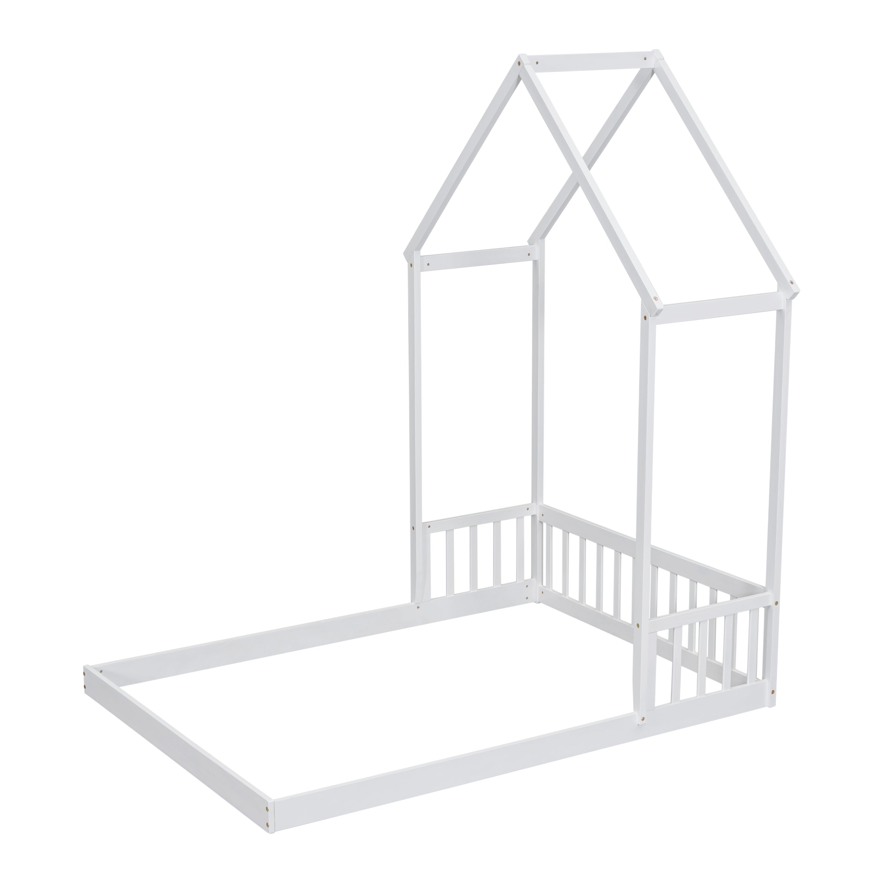 HAOYYE Full Roof-framed Headboard Floor Bed with Headboard Guardrails, without Slats White Sturdy Space-Saving Heavy Duty Modern Design Adults Dorm Room Easy Assembly Bedroom Furniture