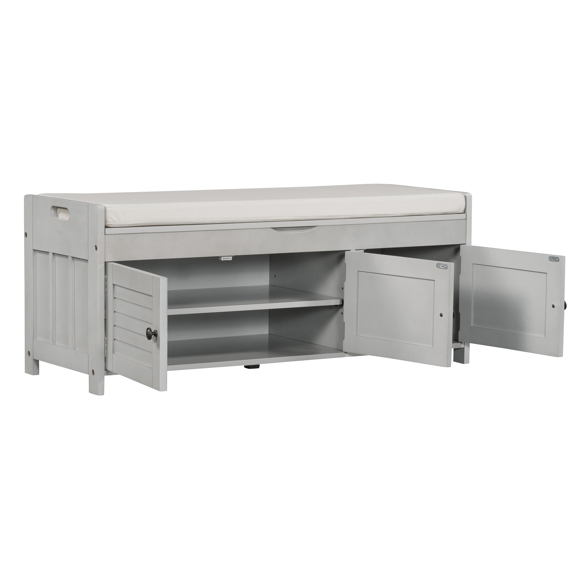 HAOYYE Storage Bench with 3 Shutter-shaped Doors, Shoe Bench with Removable Cushion and Hidden Storage Space (Gray Wash, OLD SKU: WF284226AAE) Sturdy Space-Saving Heavy Duty Modern Design Adults