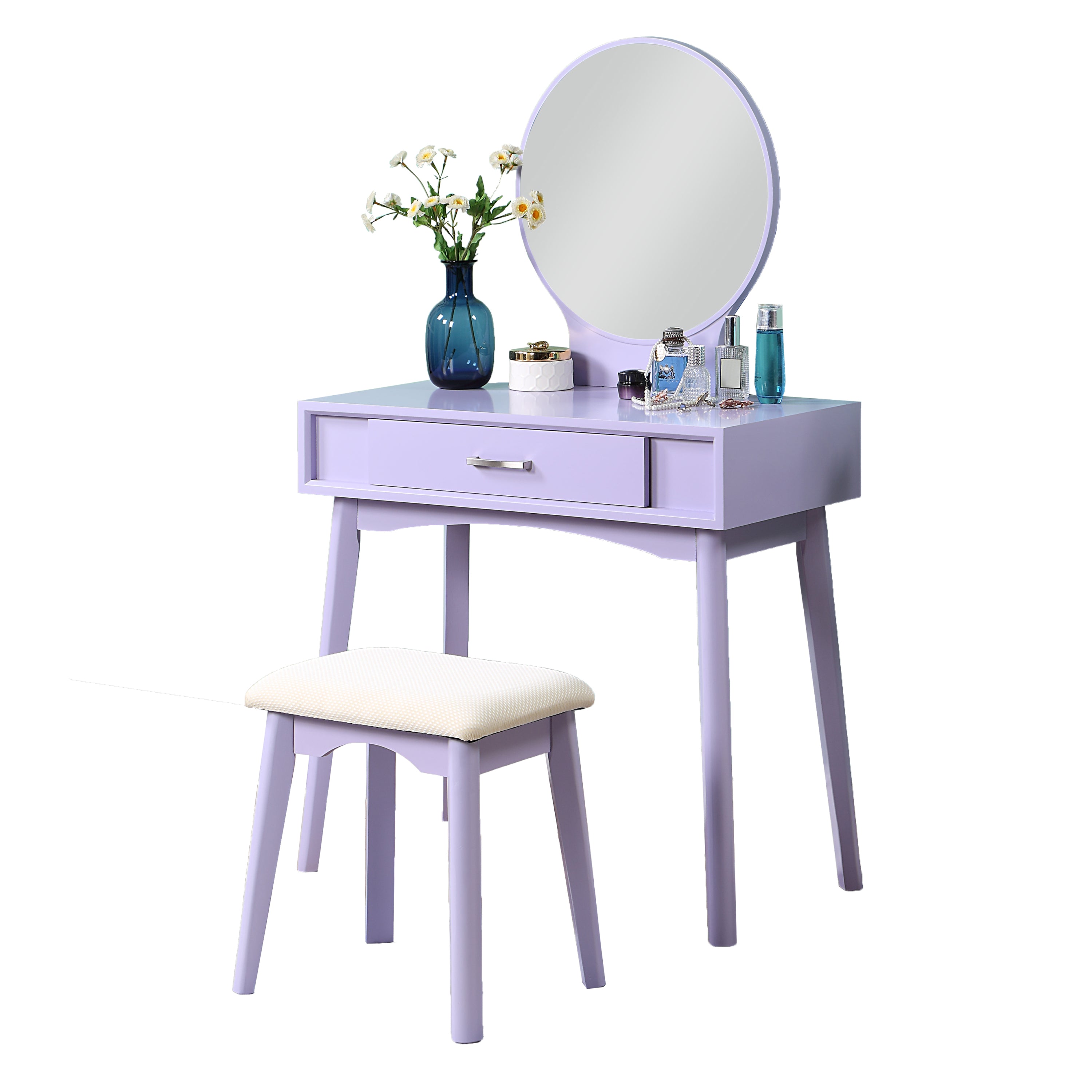 HAOYYE Liannon Contemporary Wood Vanity and Stool Set, Purple Makeup Vanity Table with Storage Drawers, Elegant Dressing Table with Round Mirror and Cushioned Stool, Stylish Compact Vanity Desk for Bedroom, Apartment, or Makeup Room