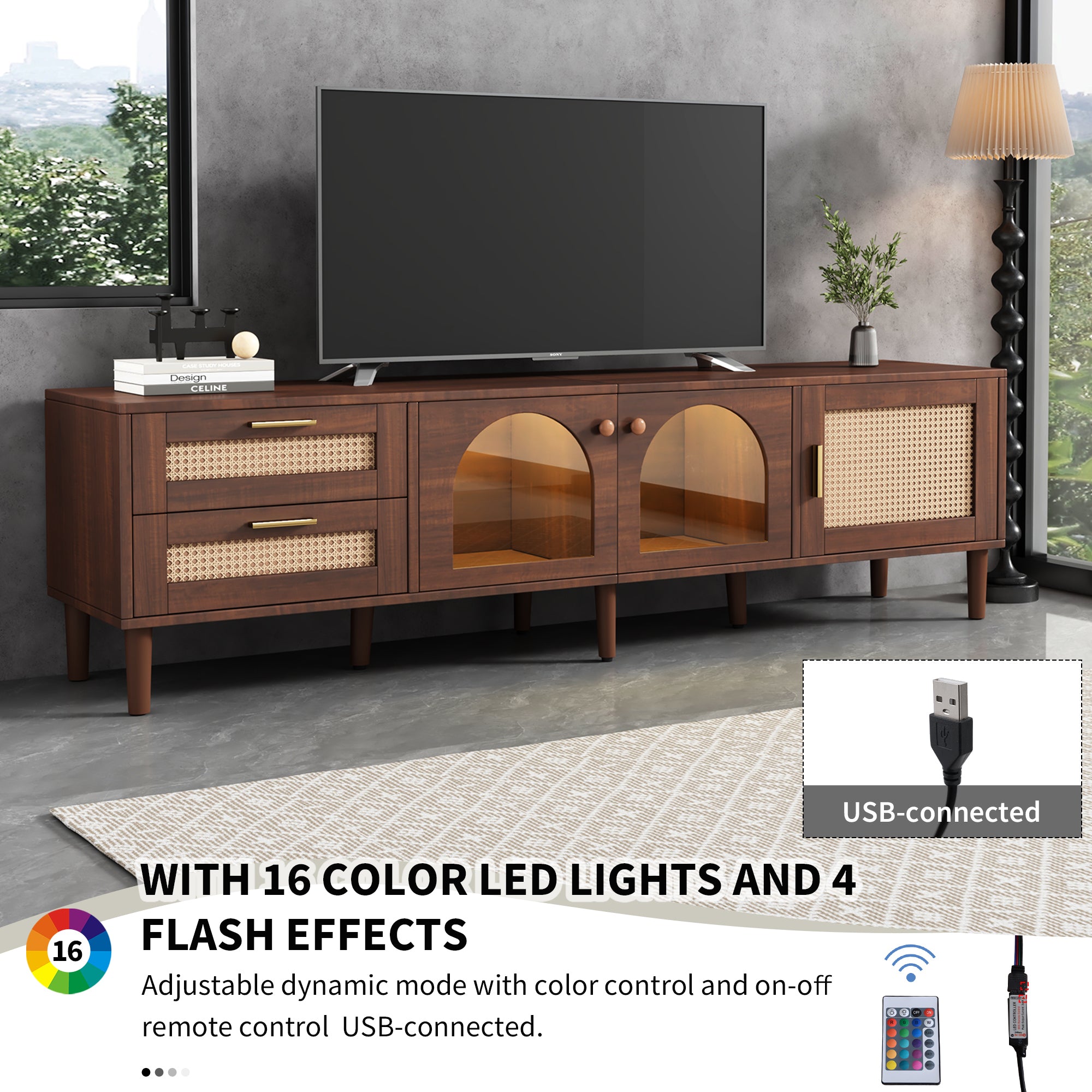 HAOYYE Rattan TV Stand with 3 Cabinets & 2 Drawers, Rattan-Inspired Media Console Table for TVs up to 80", LED Light Entertainment Center, TV Cabinet for Living Room, Bedroom, Home Theater, Sturdy Heavy Duty Construction