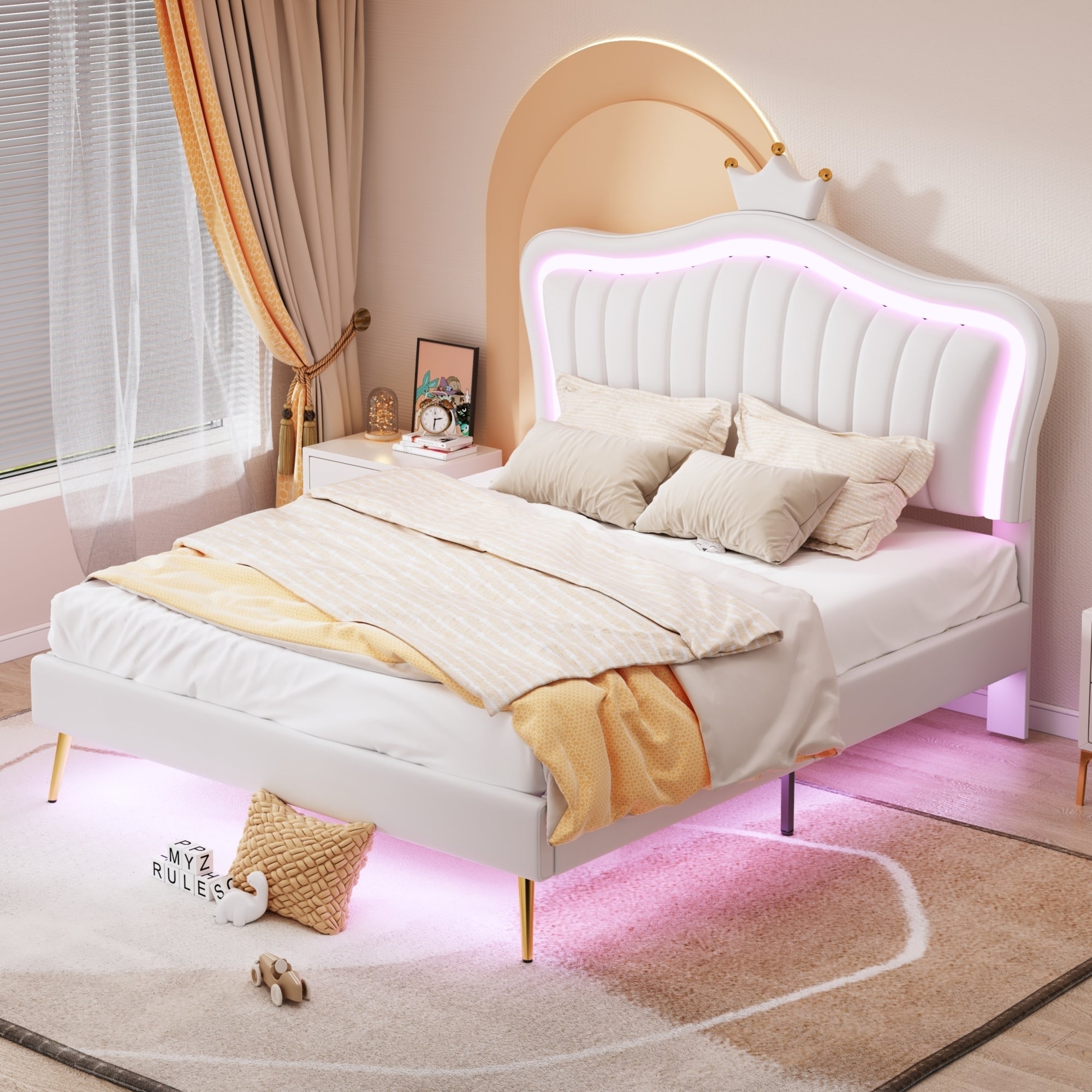 HAOYYE Queen Size Upholstered Bed Frame with LED Lights,Modern Upholstered Princess Bed With Crown Headboard,White Sturdy Space-Saving Heavy Duty Modern Design Adults Dorm Room Easy Assembly