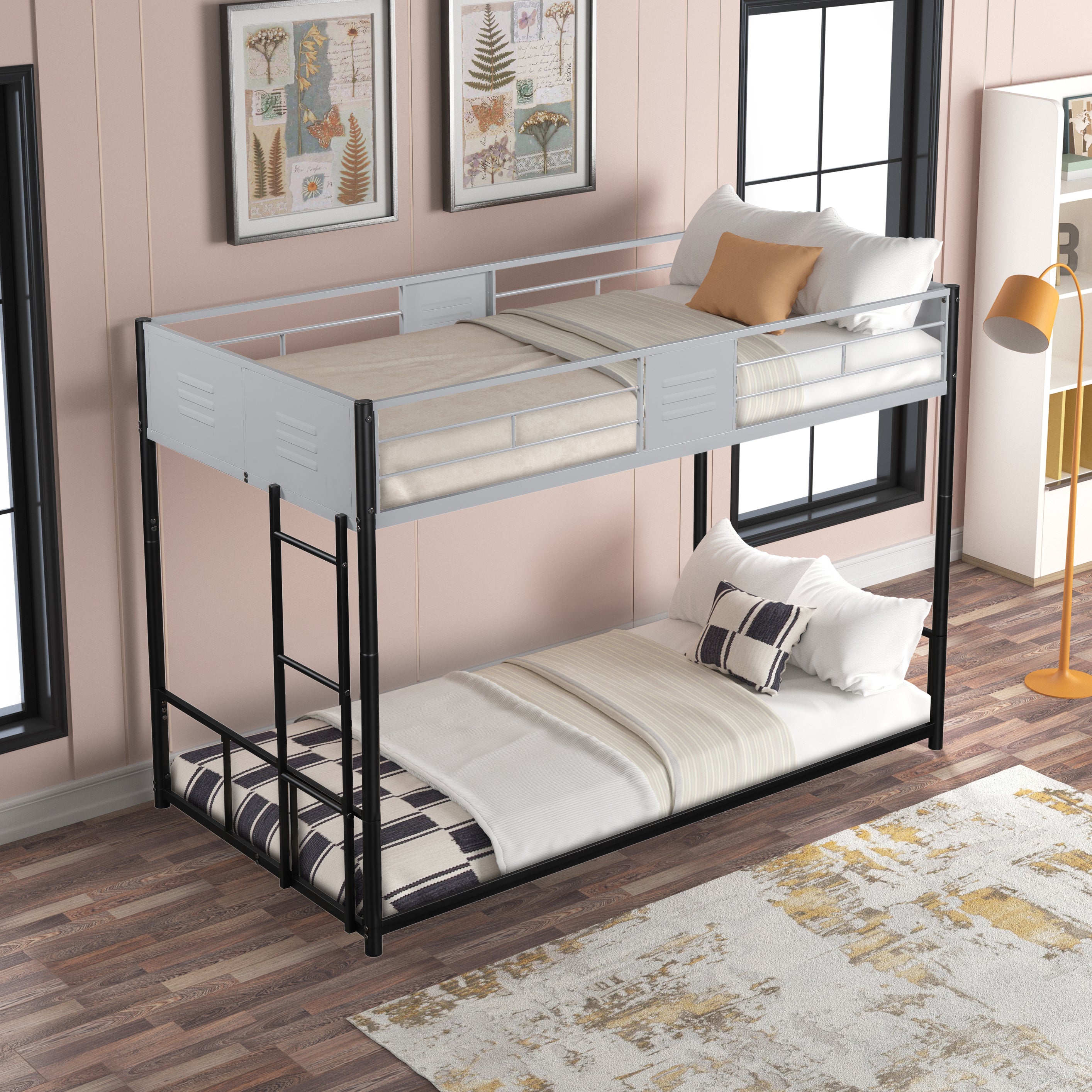 HAOYYE Metal Twin over Twin Bunk Bed with Vent Board/ Heavy-duty Sturdy Metal/ Noise Reduced/ Safety Guardrail/ CPC Certified Space-Saving Heavy Duty Modern Design Adults Dorm Room Easy Assembly