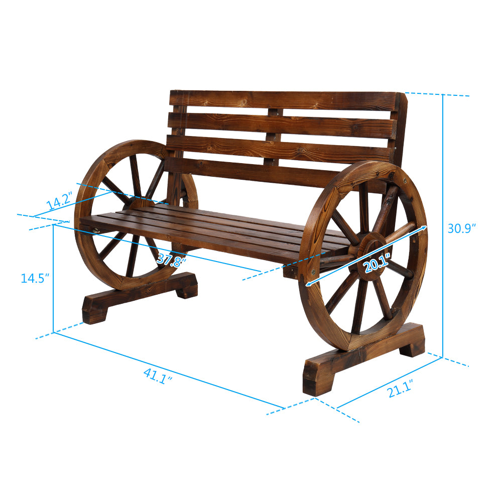 HAOYYE Rustic 2-Person Wooden Wagon Wheel Bench with Slatted Seat and Backrest, Durable Solid Fir Wood Construction, Unique Wagon Wheel Armrests, Comfortable Outdoor Patio and Garden Seating, Brown Finish