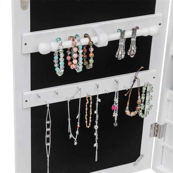 HAOYYE Wall Mounted Jewelry Cabinet with Mirror and Blue LED Lights, 4-Layer Storage Shelves and 6 Drawers, White Wooden Lockable Jewelry Organizer Armoire with Elegant Design