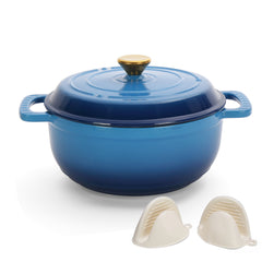 HAOYYE Cast Iron 5QT Cooking Pot Gradient Blue Enamel Coating Includes Two Silicone Gloves Heavy Duty Durable Dutch Oven for Stovetop Oven and Outdoor Cooking Perfect for Stews Soups Casseroles and Everyday Meals