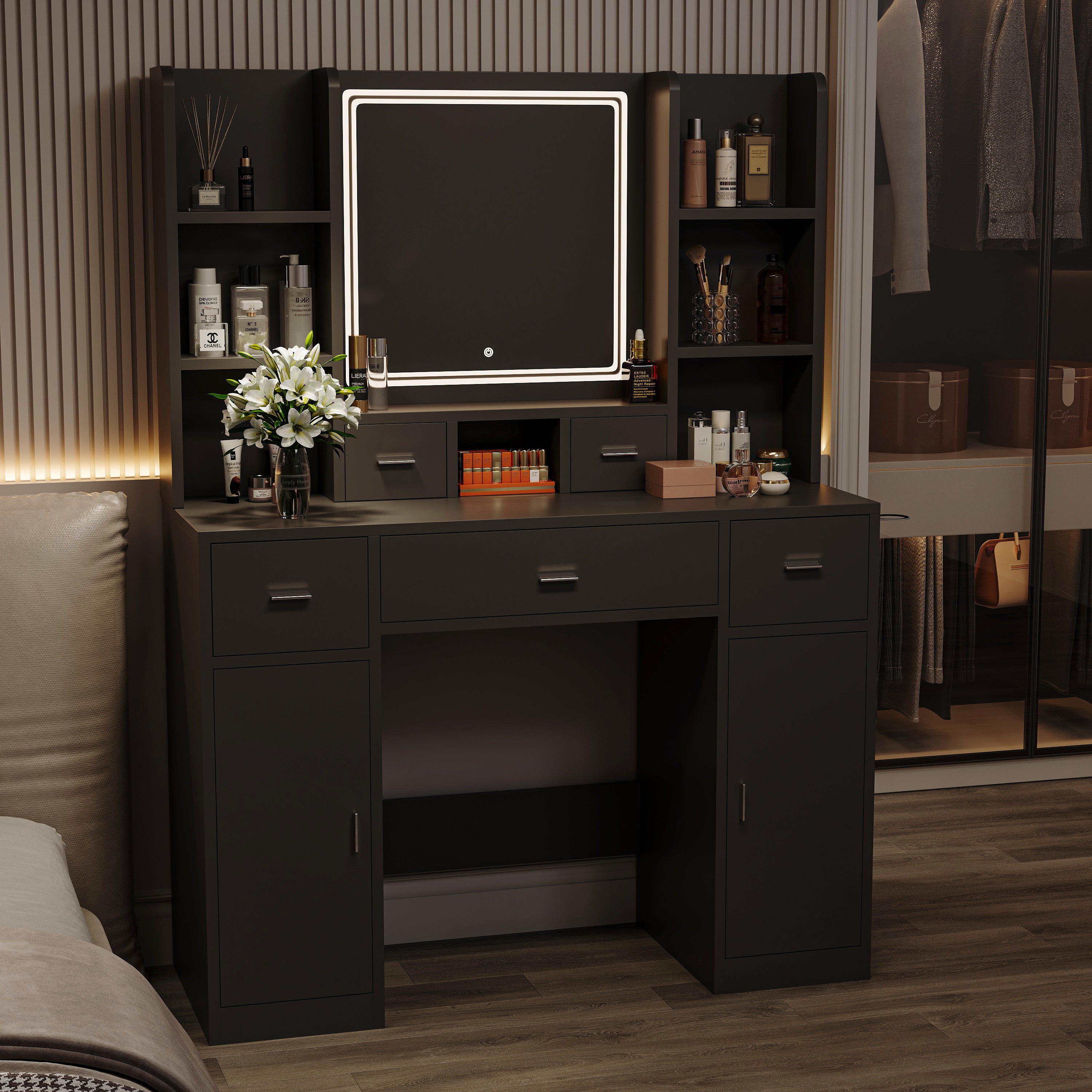 HAOYYE Smart Mirror Dressing Table With Drawers And Storage Cabinet, Modern Vanity Desk With Cushioned Stool, Stylish And Sturdy Space-Saving Design For Bedroom Or Dressing Room, Heavy Duty Construction