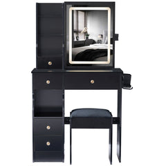 HAOYYE Small Size Left Drawer Desktop Vanity Table + Cushioned Stool, 2 AC+2 USB Power Station, Hair dryer bracket, Extra Large Touch Control Sliding LED Mirror, Tri-color Switching, EPA,GCC,UL Certificate