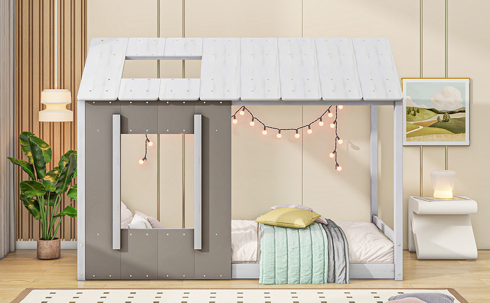 HAOYYE Twin Size House Platform with Roof and Window, White+Antique Grey(Old SKU: WF294130AAE) Sturdy Space-Saving Heavy Duty Modern Design Adults Dorm Room Easy Assembly Bedroom Furniture