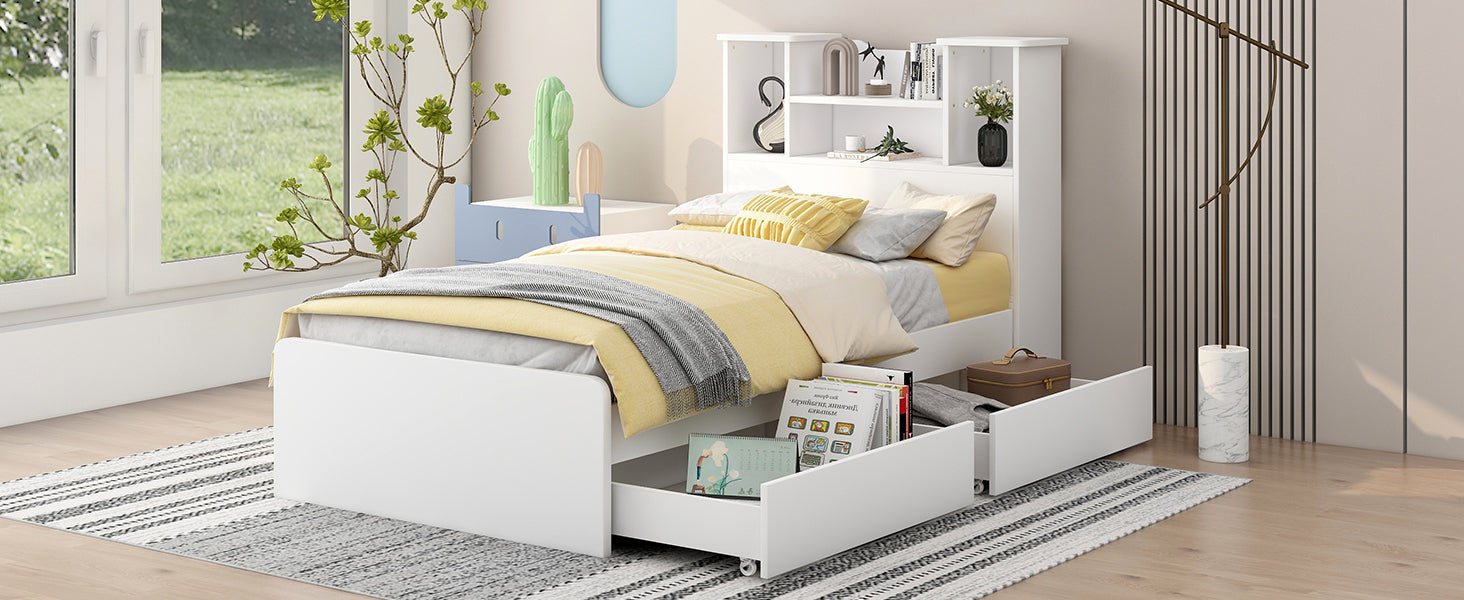 HAOYYE Twin Size Storage Platform Bed Frame with 4 Open Storage Shelves and 2 Drawers, LED Lights, White, Sturdy Space-Saving Heavy Duty Design, Easy Assembly, Ideal for Adults and Dorm Rooms