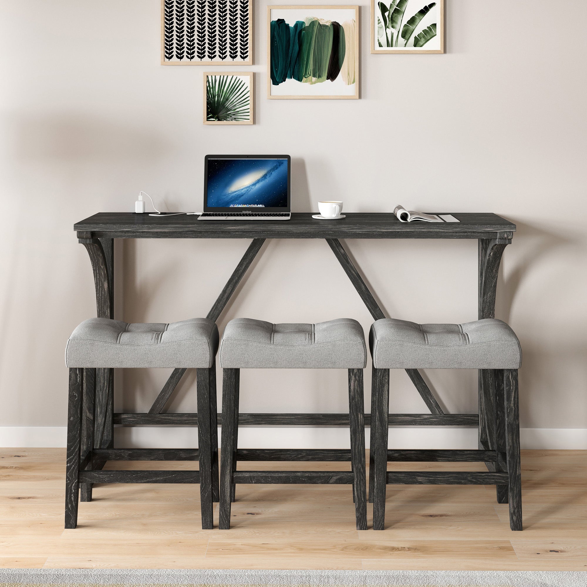 HAOYYE Bar Table Set with Power Outlet, Bar Table and Chairs Set, 4 Piece Dining Table Set, Industrial Breakfast Table Set, for Living Room, Dining Room, Game Room Sturdy Space-Saving Heavy Duty Adults
