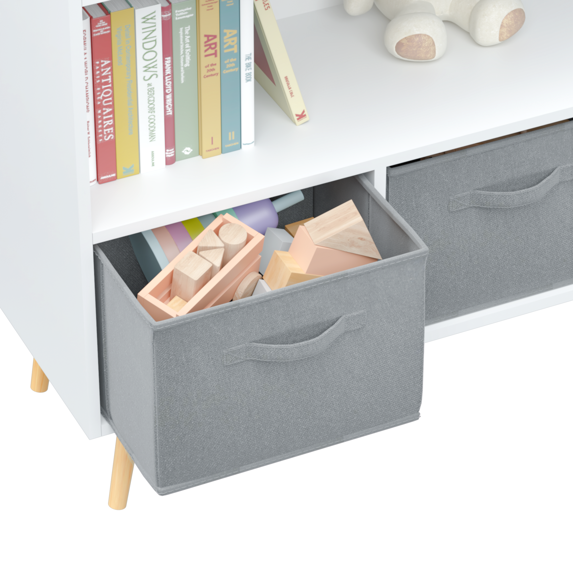 HAOYYE Bookcase with Collapsible Fabric Drawers, Book Display and Toy Storage Cabinet Organizer, White/Gray, Sturdy Space-Saving Design, Heavy Duty Construction, Easy Assembly, Durable and Stylish Home Furniture