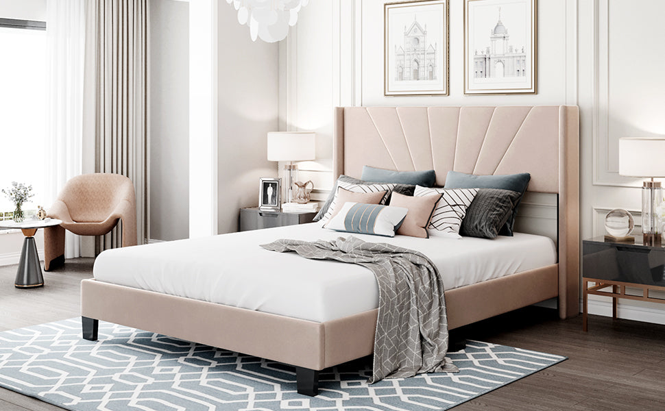 HAOYYE Queen Size Velvet Upholstered Platform Bed, Box Spring Needed - Beige Sturdy Space-Saving Heavy Duty Modern Design Adults Dorm Room Easy Assembly Bedroom Furniture