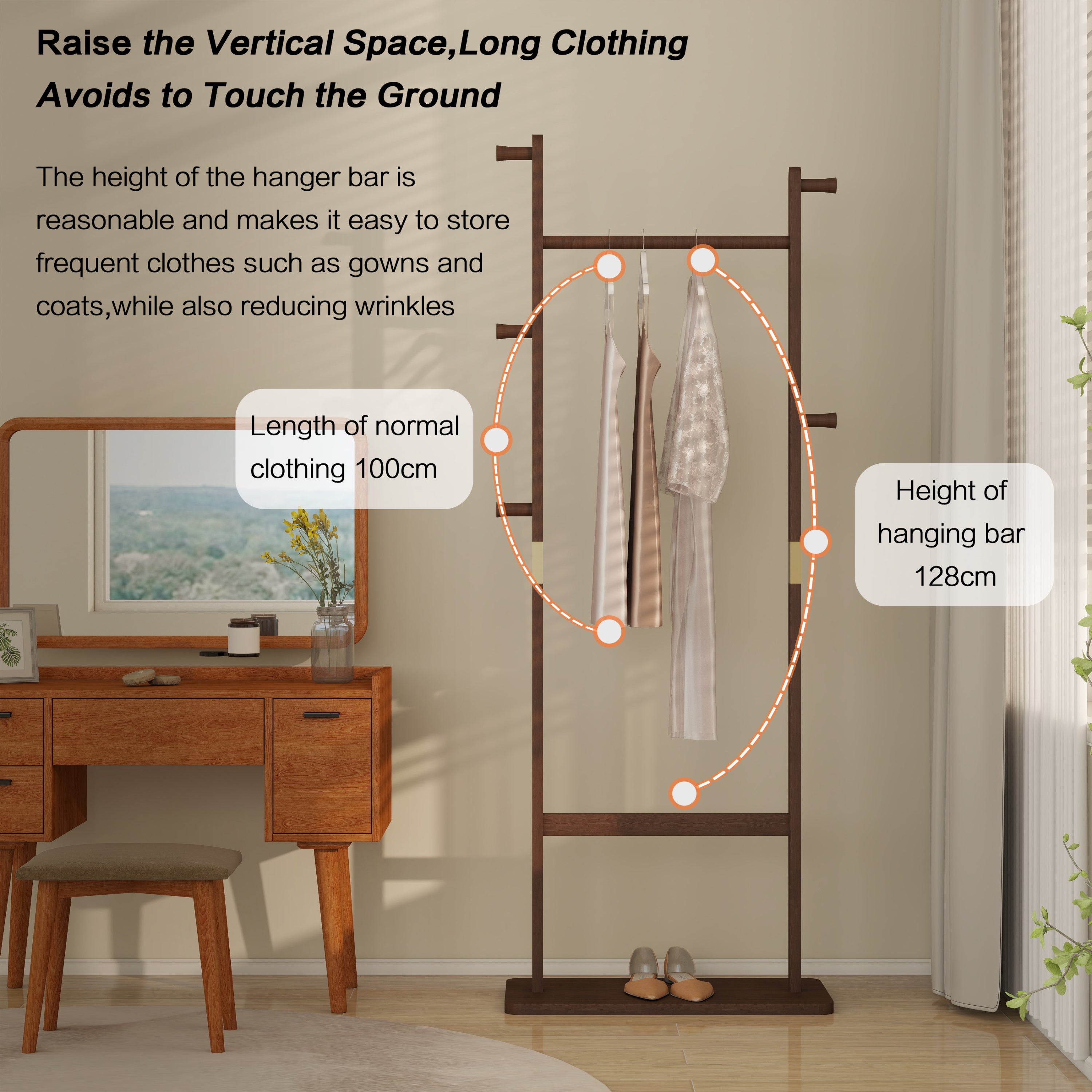 HAOYYE Solid Wood Coat Rack, Freestanding Hanger with Natural Walnut Finish, Space-Saving and Durable Design for Bedroom, Entrance, or Living Room, Easy Assembly