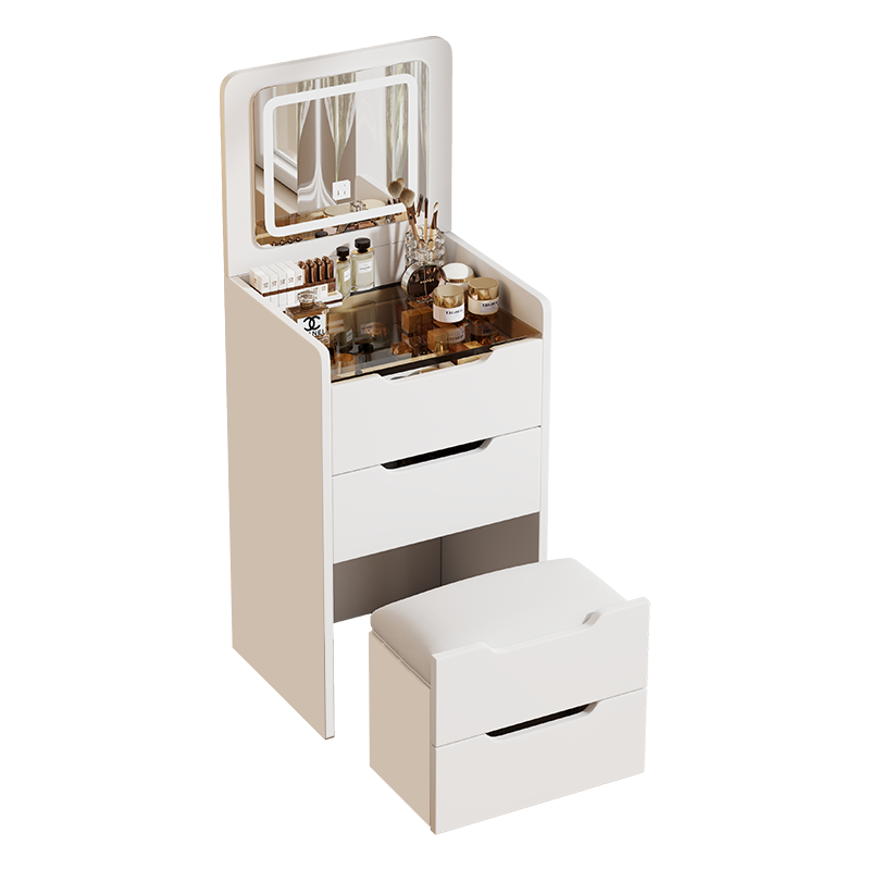 HAOYYE 3-in-1 Vanity Desk with Flip-Top Mirror, Small Makeup Vanity Set with Glass Desktop, Compact Dressing Table with 3 Drawers and Cushioned Stool, Christmas Gift, Sturdy and Stylish Home Furniture