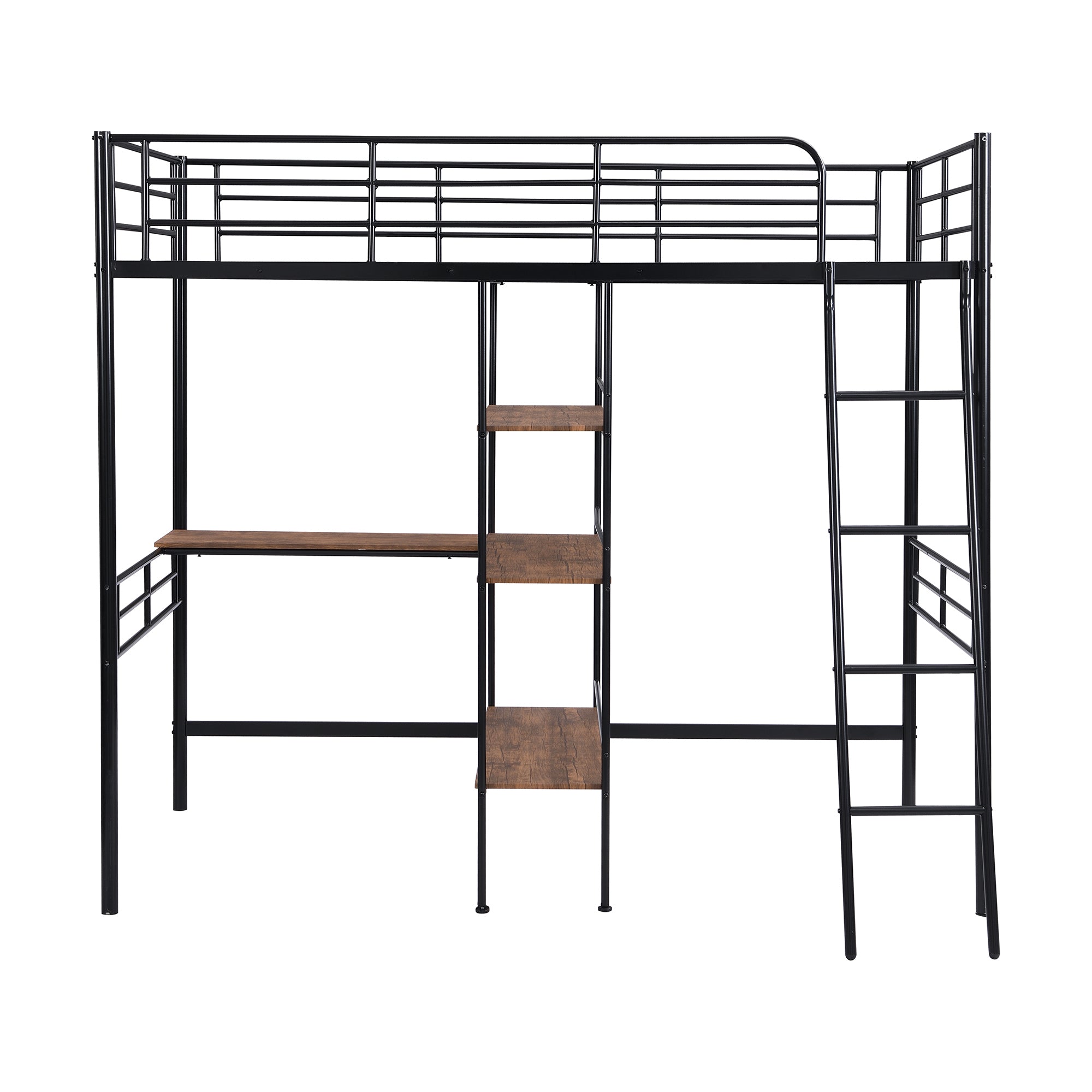 HAOYYE Twin Size Metal Loft Bed and Built-in Desk and Shelves,Black Sturdy Space-Saving Heavy Duty Modern Design Adults Dorm Room Easy Assembly Bedroom Furniture