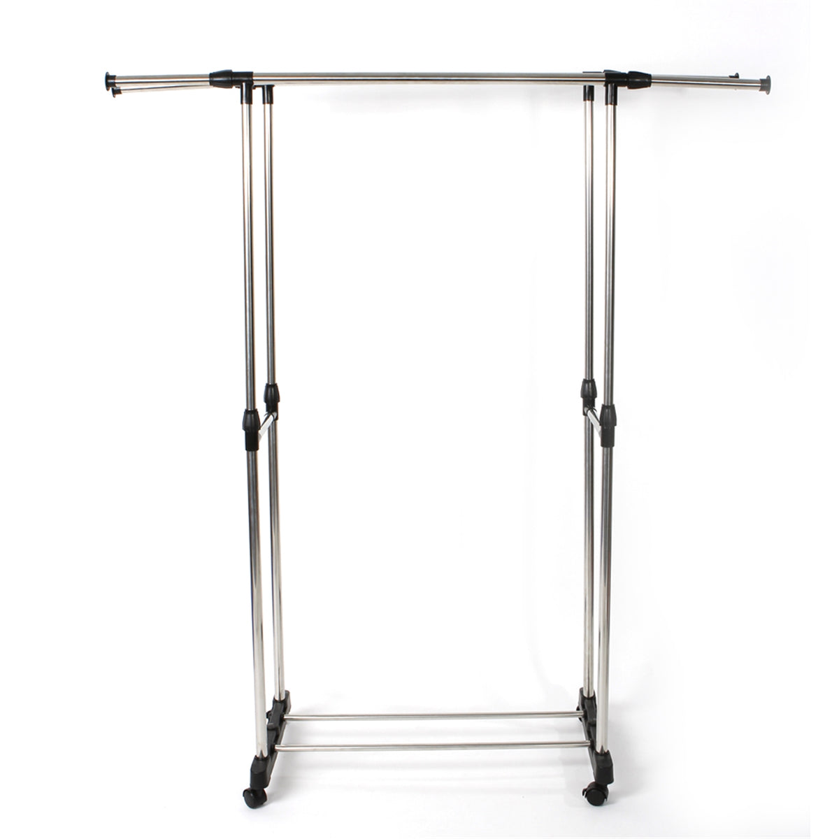 HAOYYE Dual-Bar Clothes Rack with Shoe Shelf, Adjustable Height and Width, Space-Saving Design, Modern Silver Finish, Durable and Versatile Garment Organizer for Bedroom, Entryway, Laundry Room, or Walk-In Closet